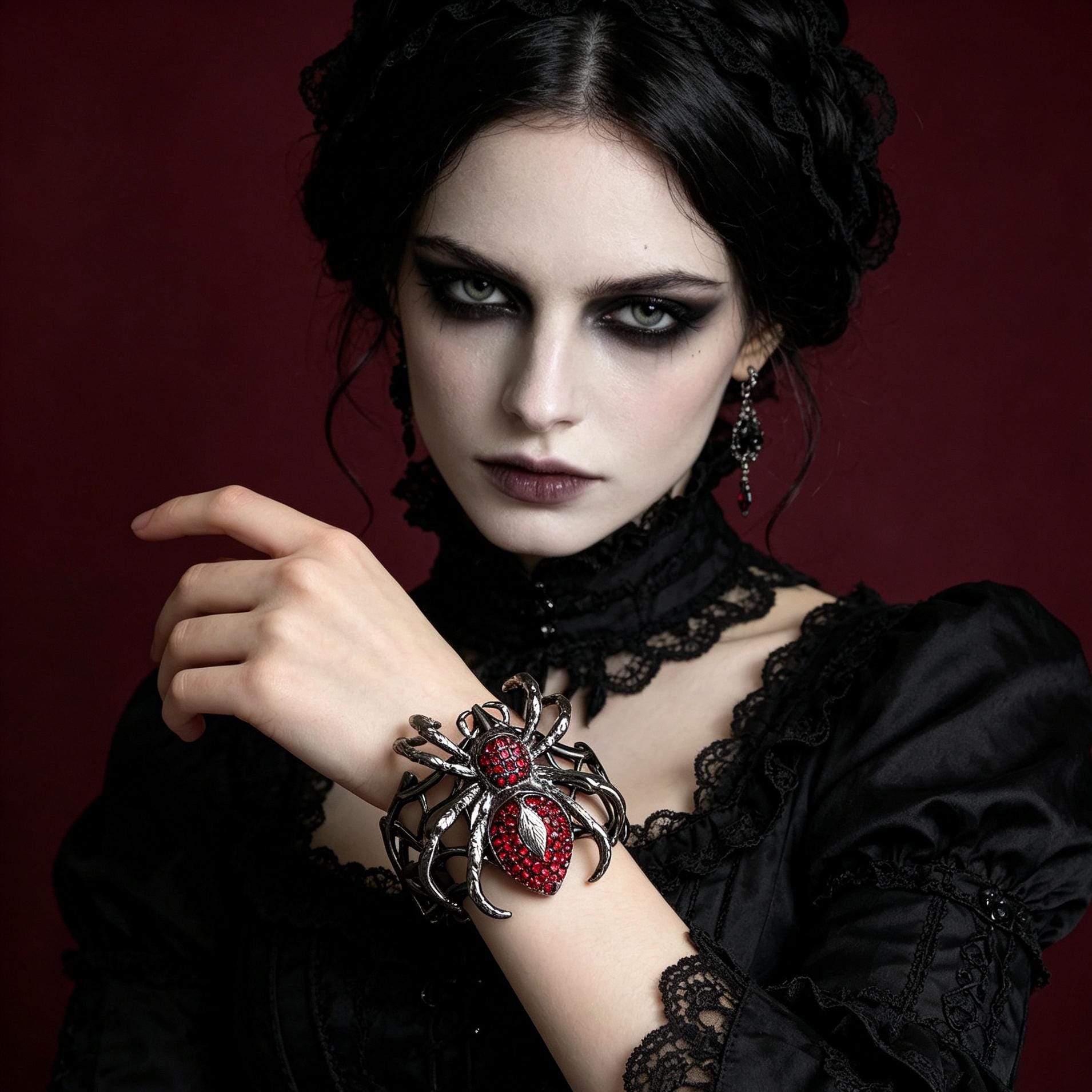Gothic Spider Cuff Bracelet Gunmetal Rhinestone Vampire Jewelry Dark Romance