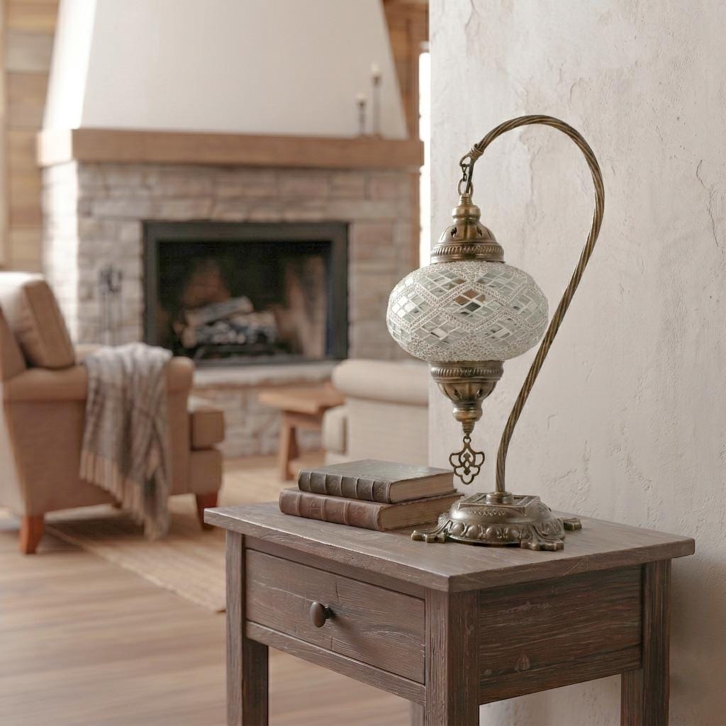 MoslandHome Handmade Turkish Moroccan Mosaic Table Lamp 16.5in White
