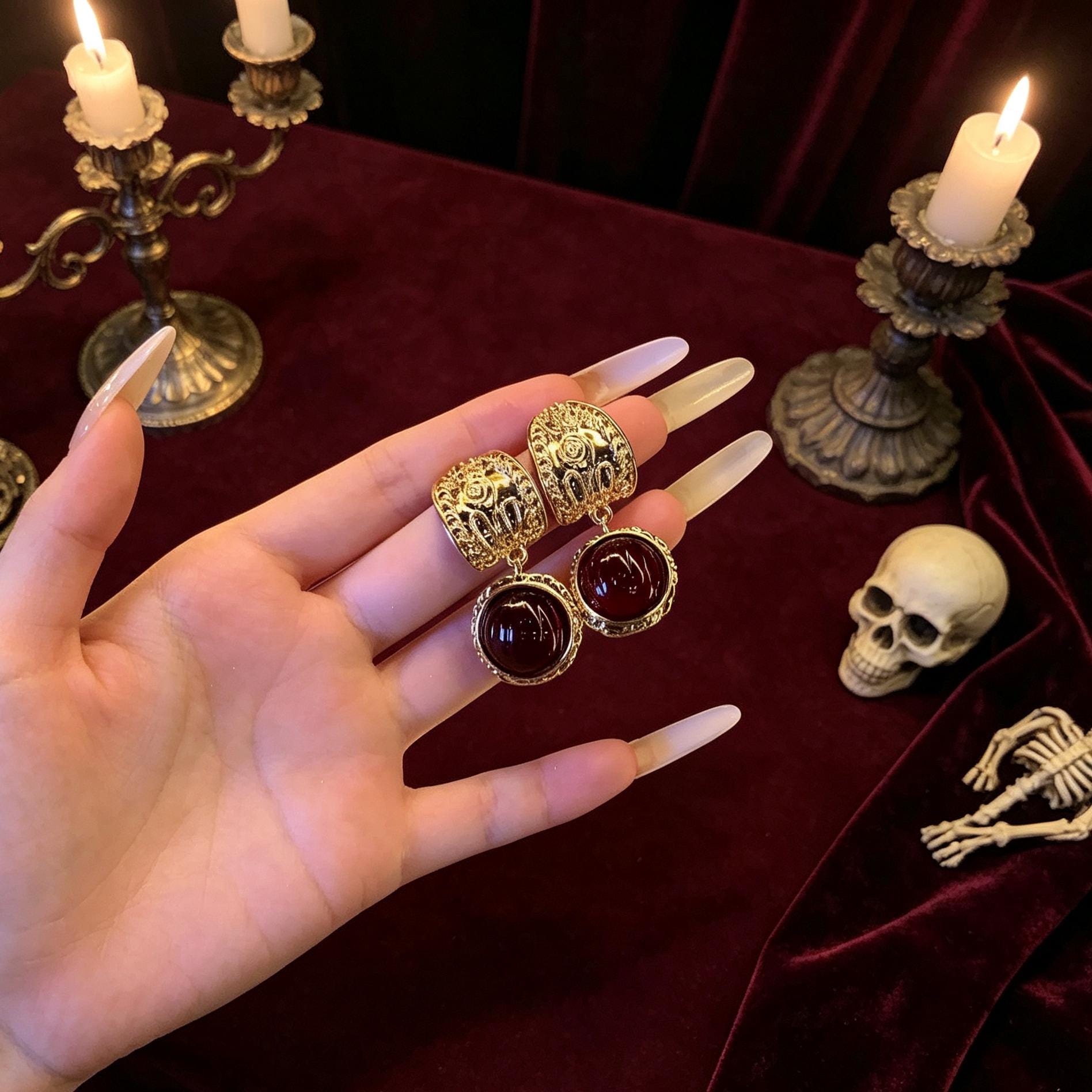 14K Gold Plated Victorian Vampire Drop Earrings Crimson Resin Cabochons
