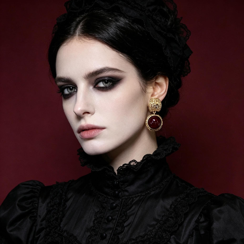 14K Gold Plated Victorian Vampire Drop Earrings Crimson Resin Cabochons