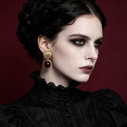 14K Gold Plated Victorian Vampire Drop Earrings Crimson Resin Cabochons