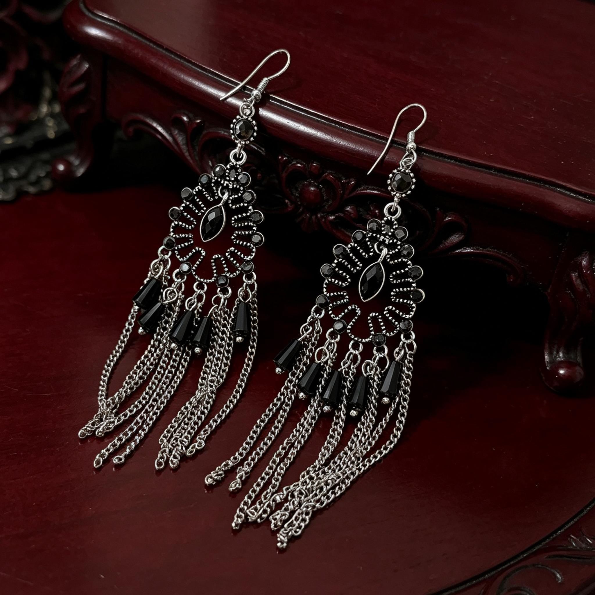 MourningGardenStudio Victorian Gothic Chandelier Earrings Black Gem Tassels