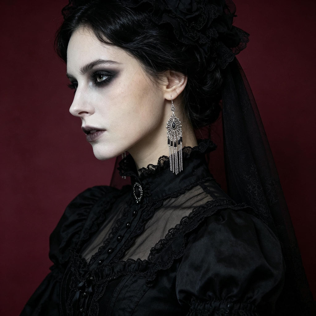 MourningGardenStudio Victorian Gothic Chandelier Earrings Black Gem Tassels