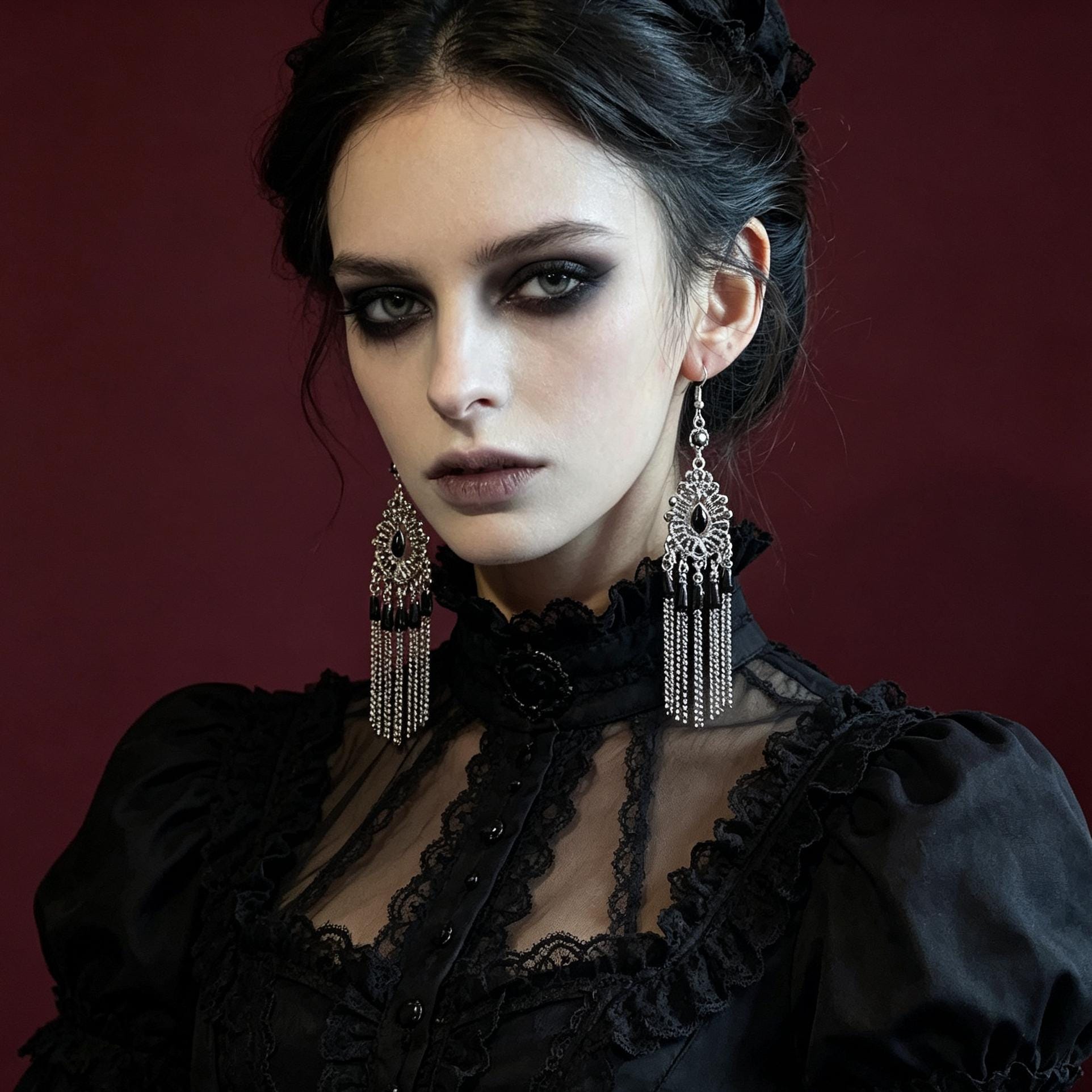 MourningGardenStudio Victorian Gothic Chandelier Earrings Black Gem Tassels