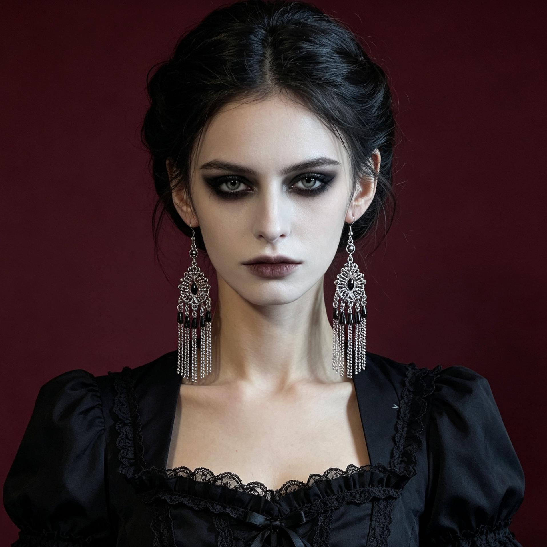 MourningGardenStudio Victorian Gothic Chandelier Earrings Black Gem Tassels