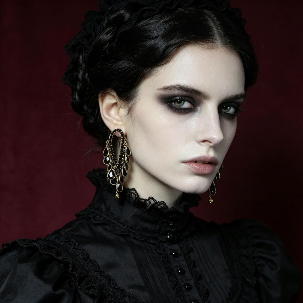 MourningGardenStudio Black Teardrop Gothic Dangle Drop Earrings Gold Setting