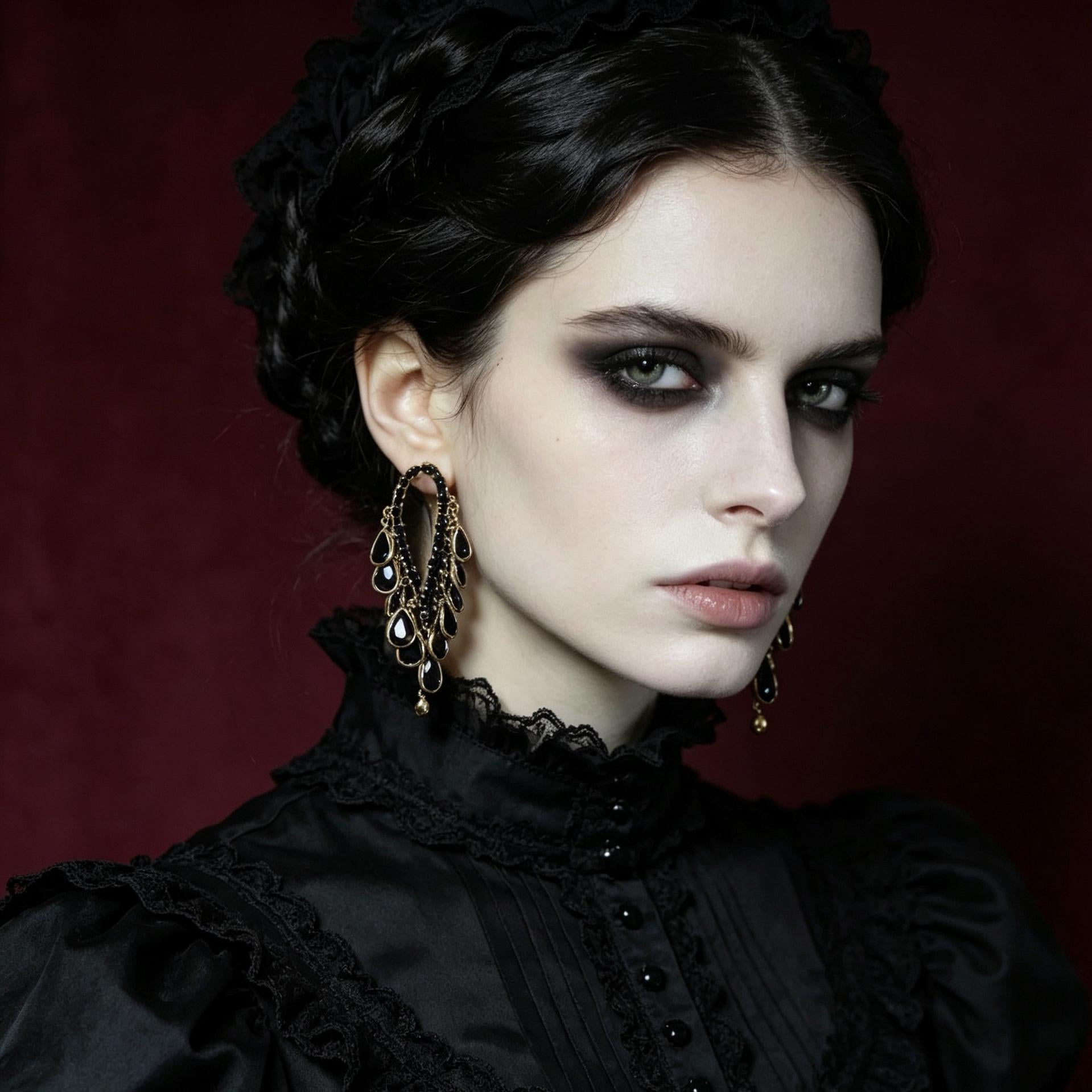 MourningGardenStudio Black Teardrop Gothic Dangle Drop Earrings Gold Setting