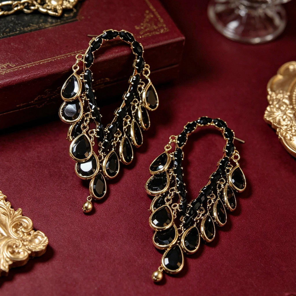 MourningGardenStudio Black Teardrop Gothic Dangle Drop Earrings Gold Setting