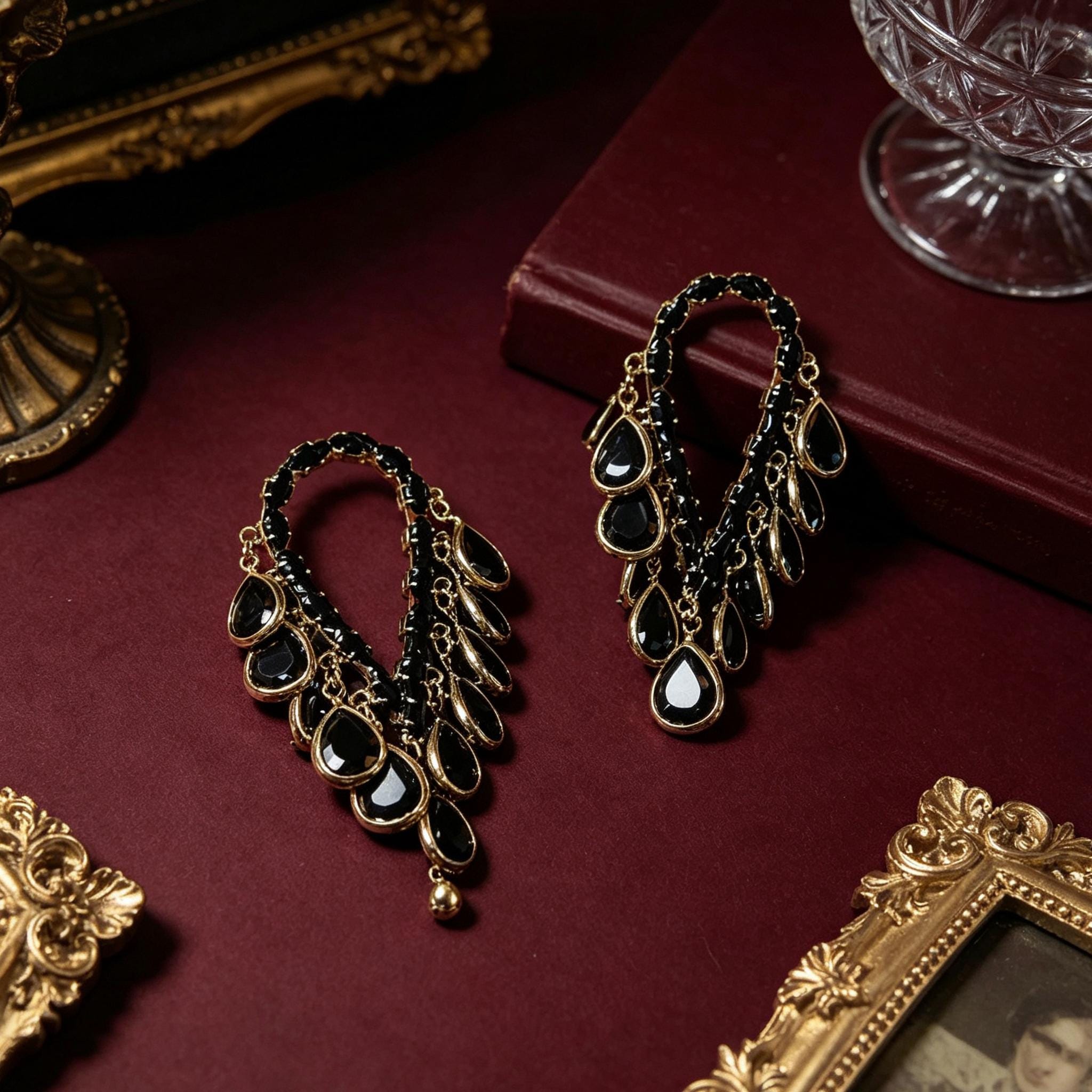 MourningGardenStudio Black Teardrop Gothic Dangle Drop Earrings Gold Setting