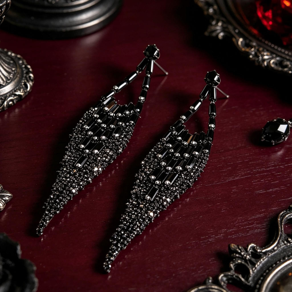 MourningGardenStudio Black Crystal Tassel Earrings Victorian Gothic Jewelry