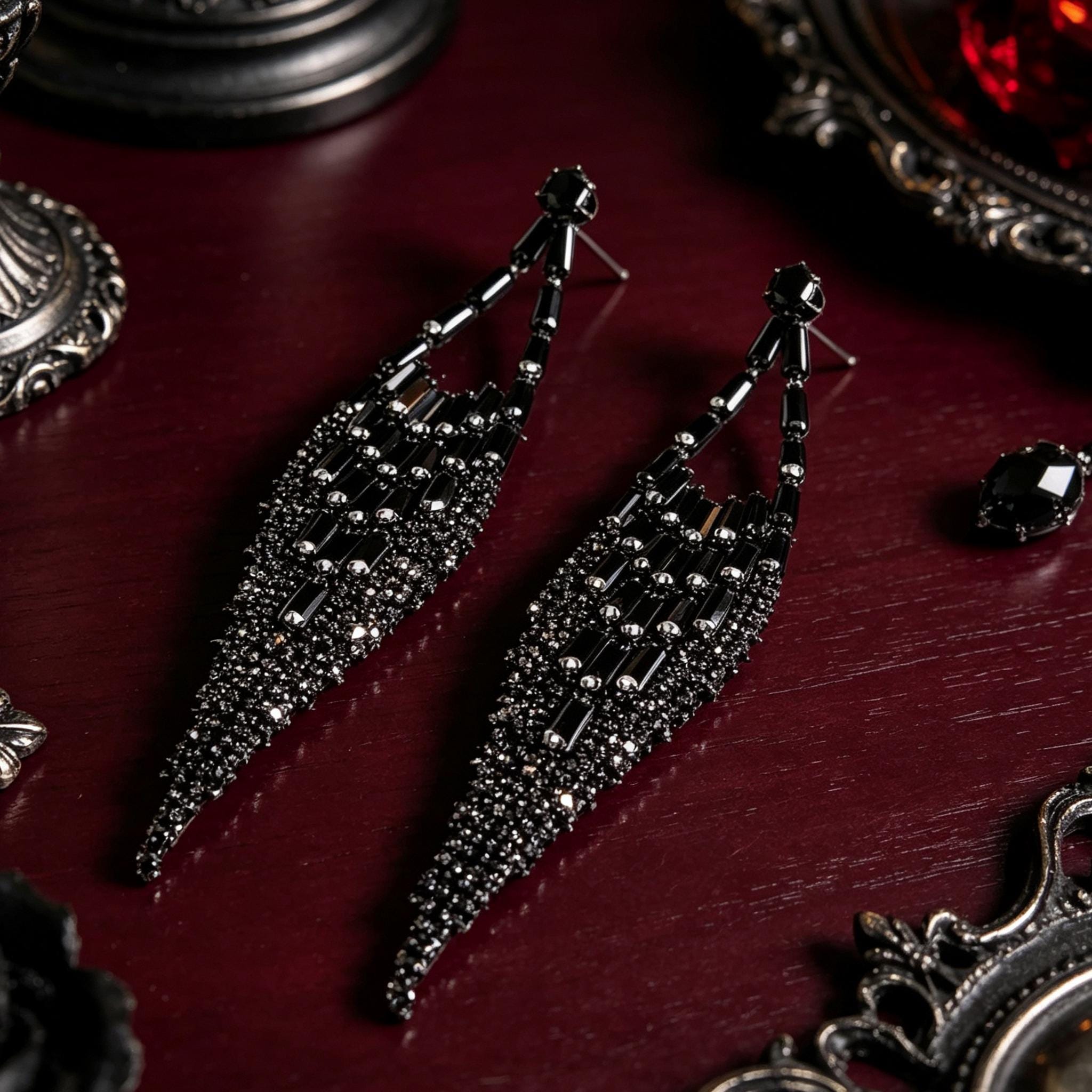 MourningGardenStudio Black Crystal Tassel Earrings Victorian Gothic Jewelry