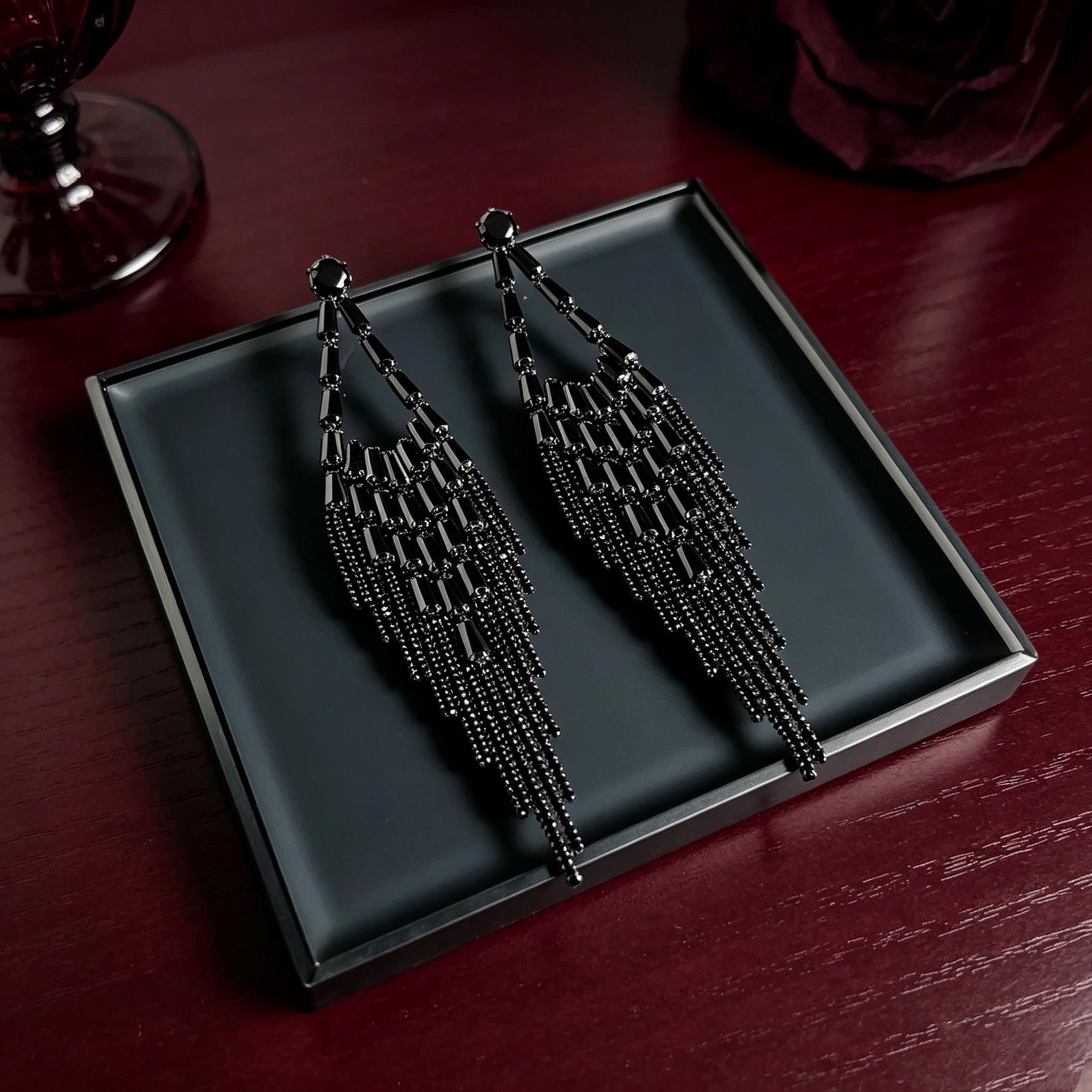 MourningGardenStudio Black Crystal Tassel Earrings Victorian Gothic Jewelry