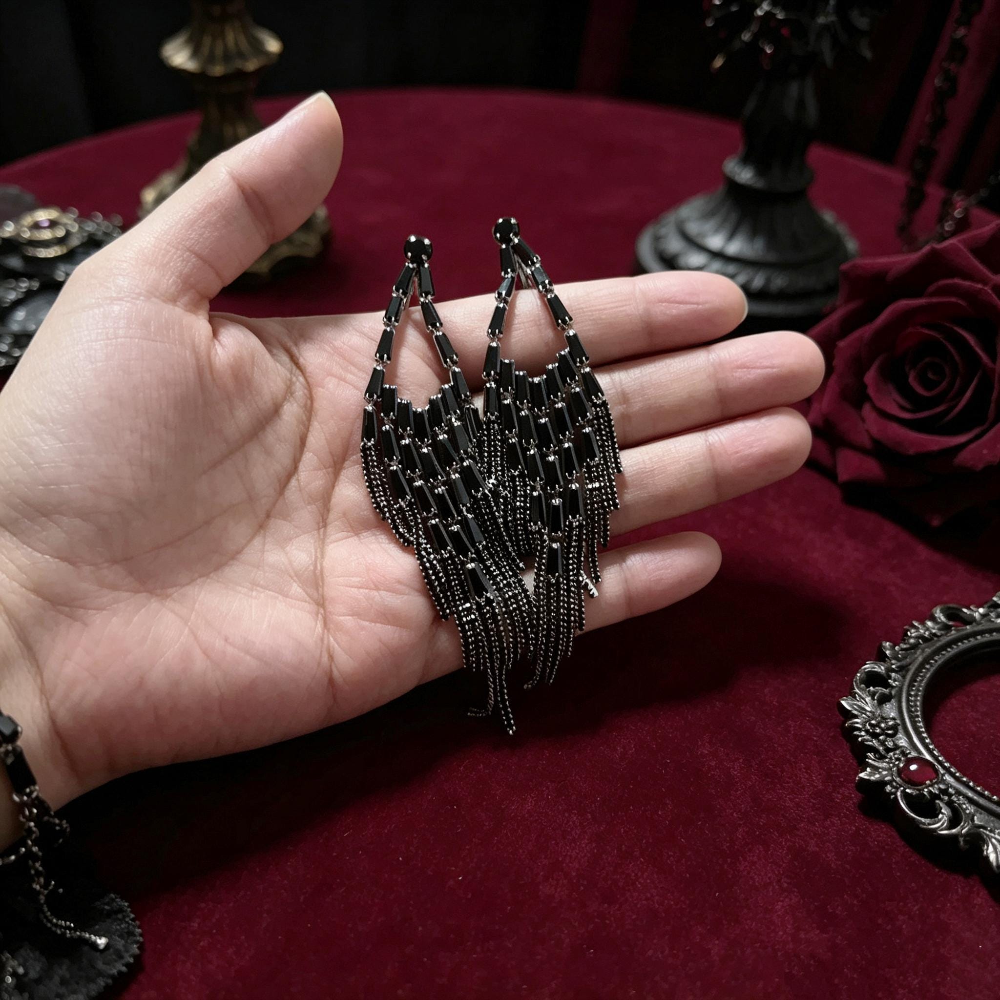 MourningGardenStudio Black Crystal Tassel Earrings Victorian Gothic Jewelry