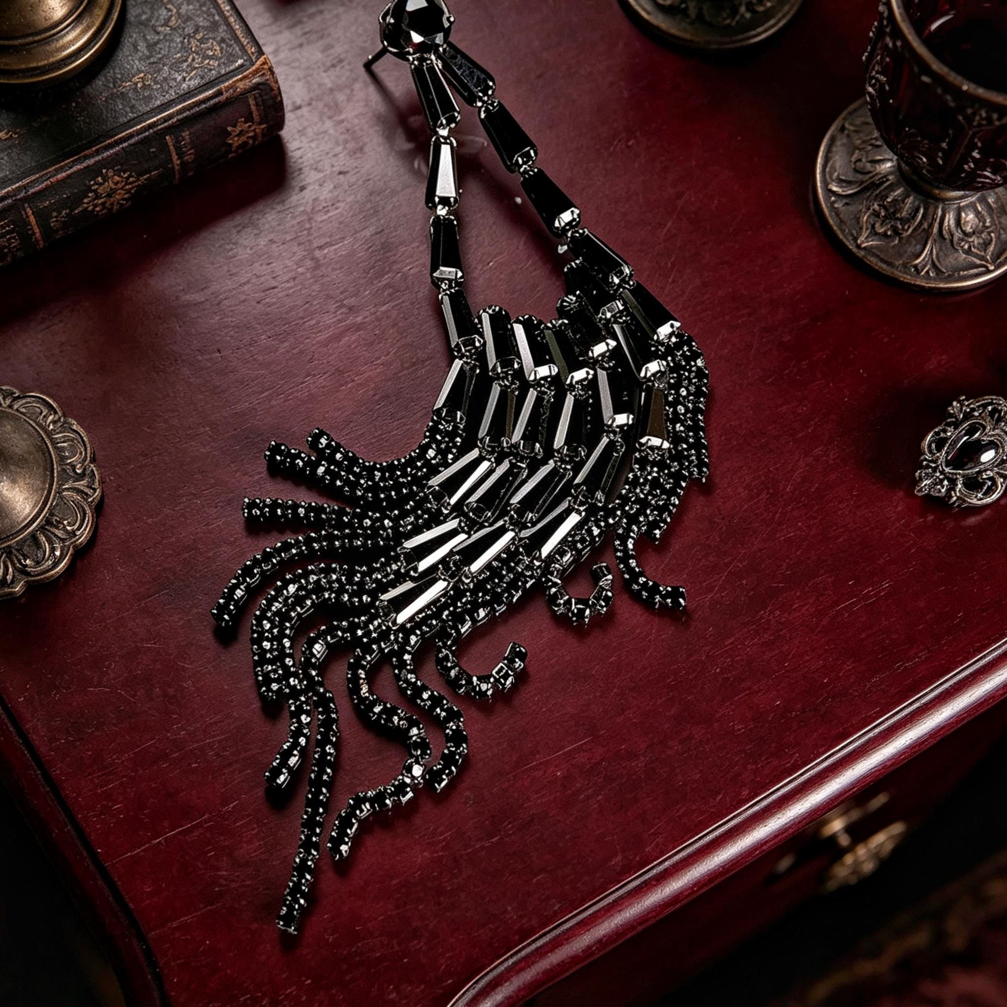 MourningGardenStudio Black Crystal Tassel Earrings Victorian Gothic Jewelry
