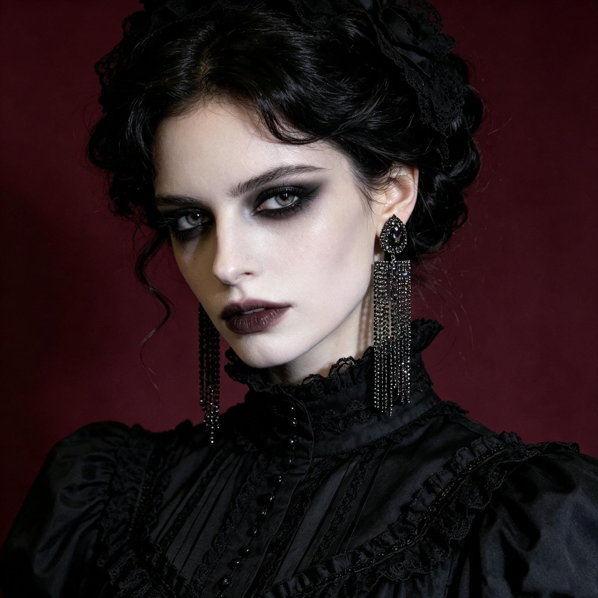MourningGardenStudio Victorian Vampire Chandelier Earrings Black Crystal Tassel