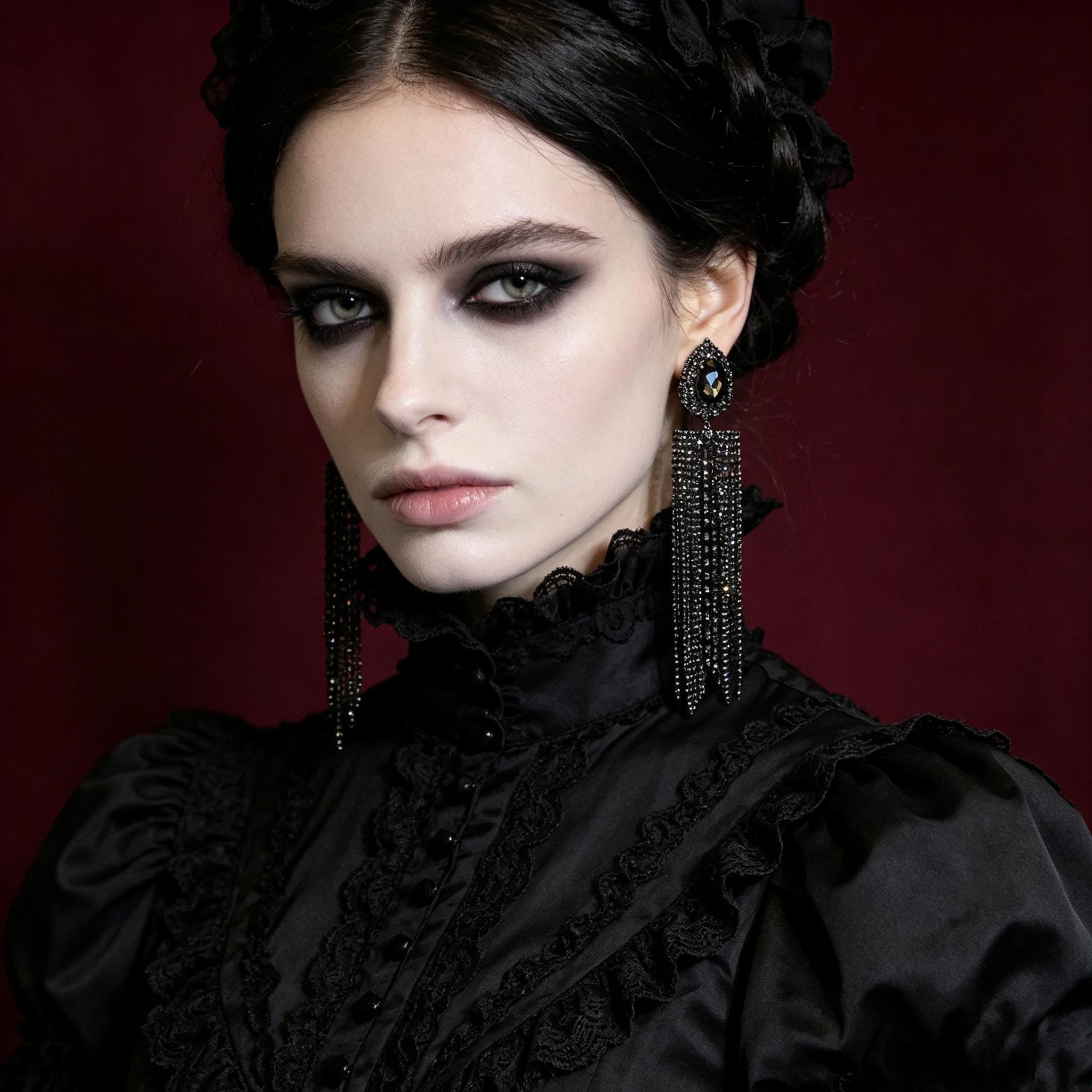 MourningGardenStudio Victorian Vampire Chandelier Earrings Black Crystal Tassel