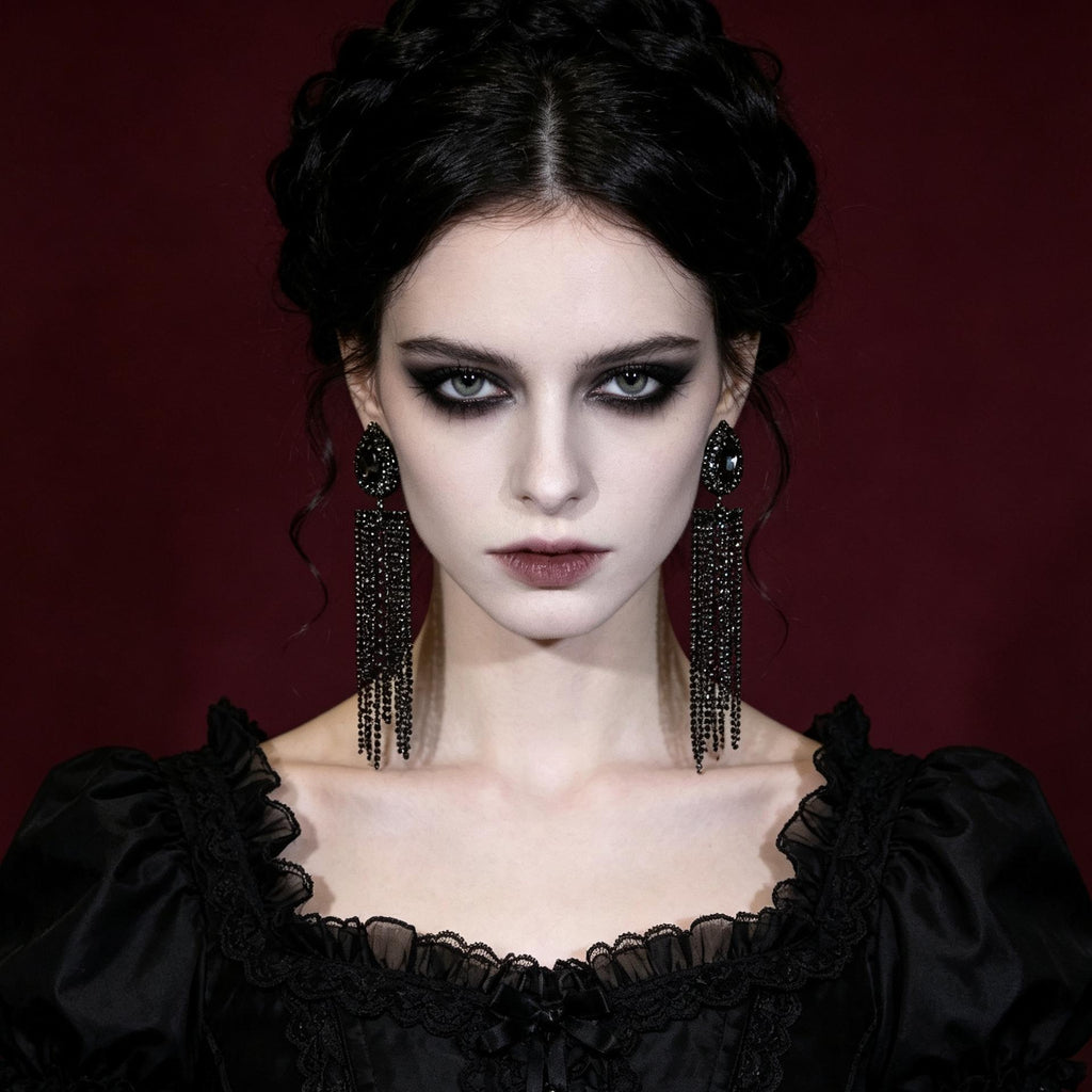 MourningGardenStudio Victorian Vampire Chandelier Earrings Black Crystal Tassel