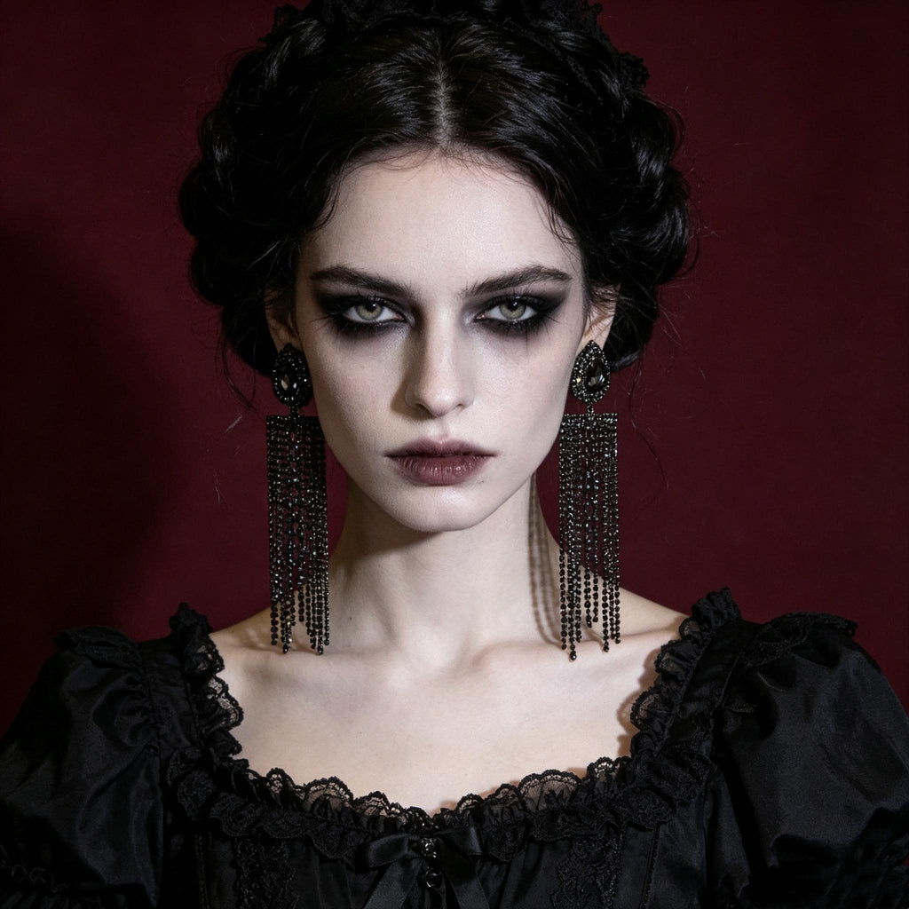 MourningGardenStudio Victorian Vampire Chandelier Earrings Black Crystal Tassel