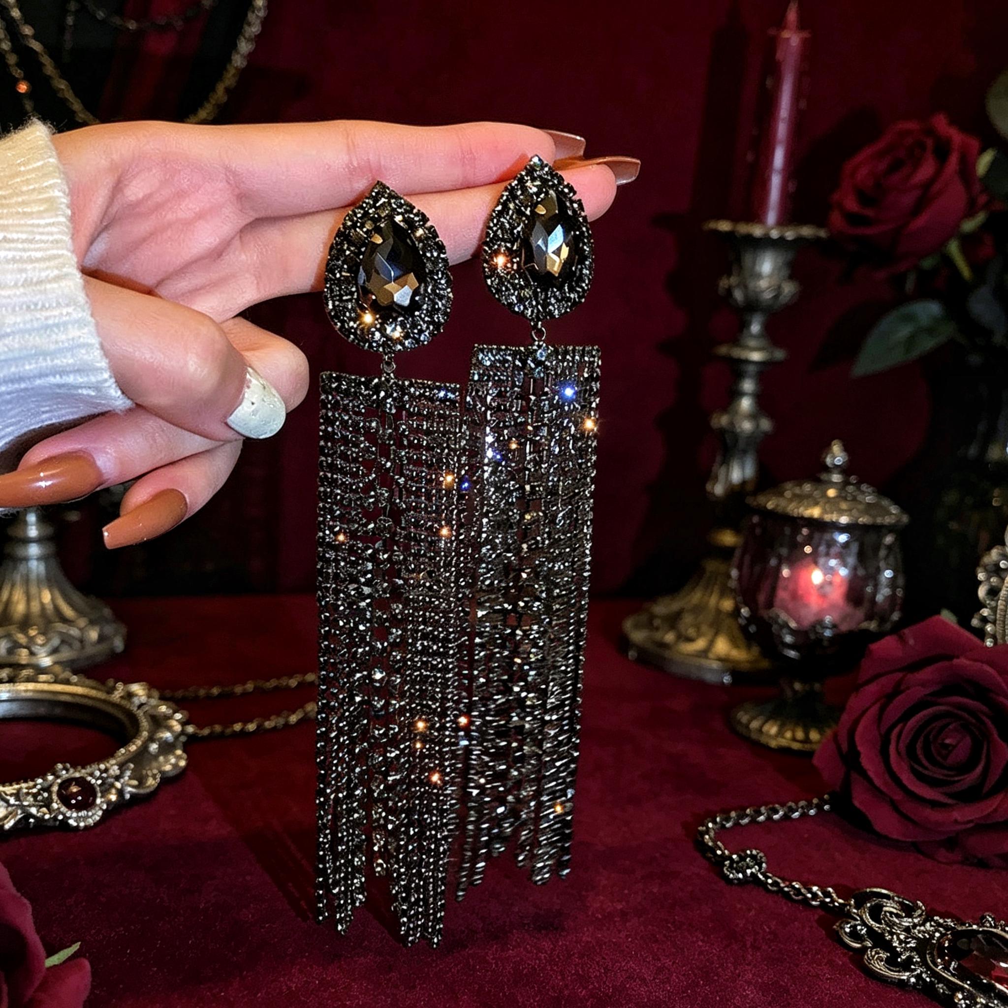 MourningGardenStudio Victorian Vampire Chandelier Earrings Black Crystal Tassel