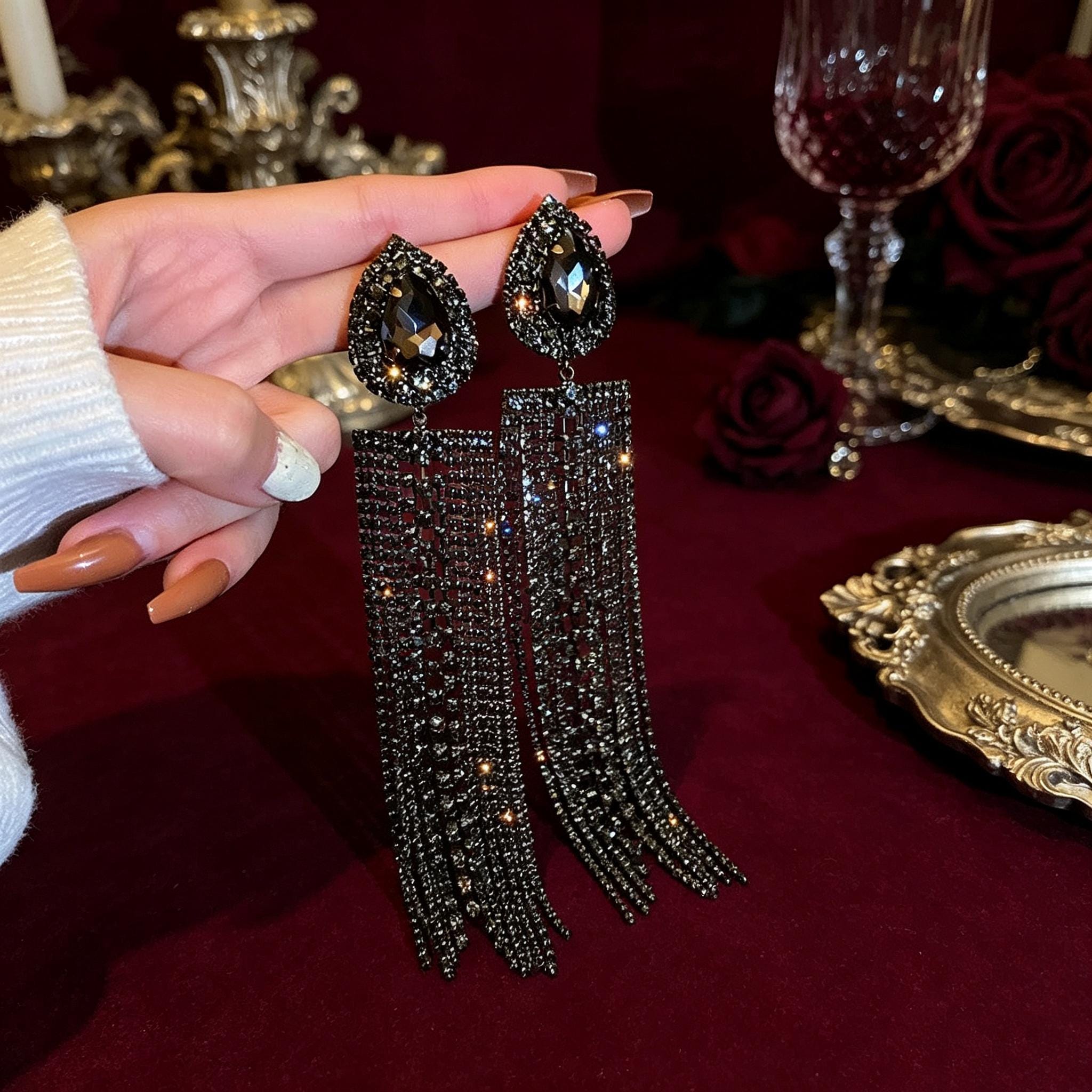 MourningGardenStudio Victorian Vampire Chandelier Earrings Black Crystal Tassel