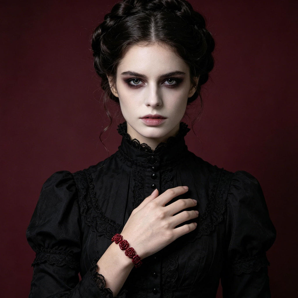 MourningGardenStudio Gothic Rose Carved Cinnabar Beaded Bracelet
