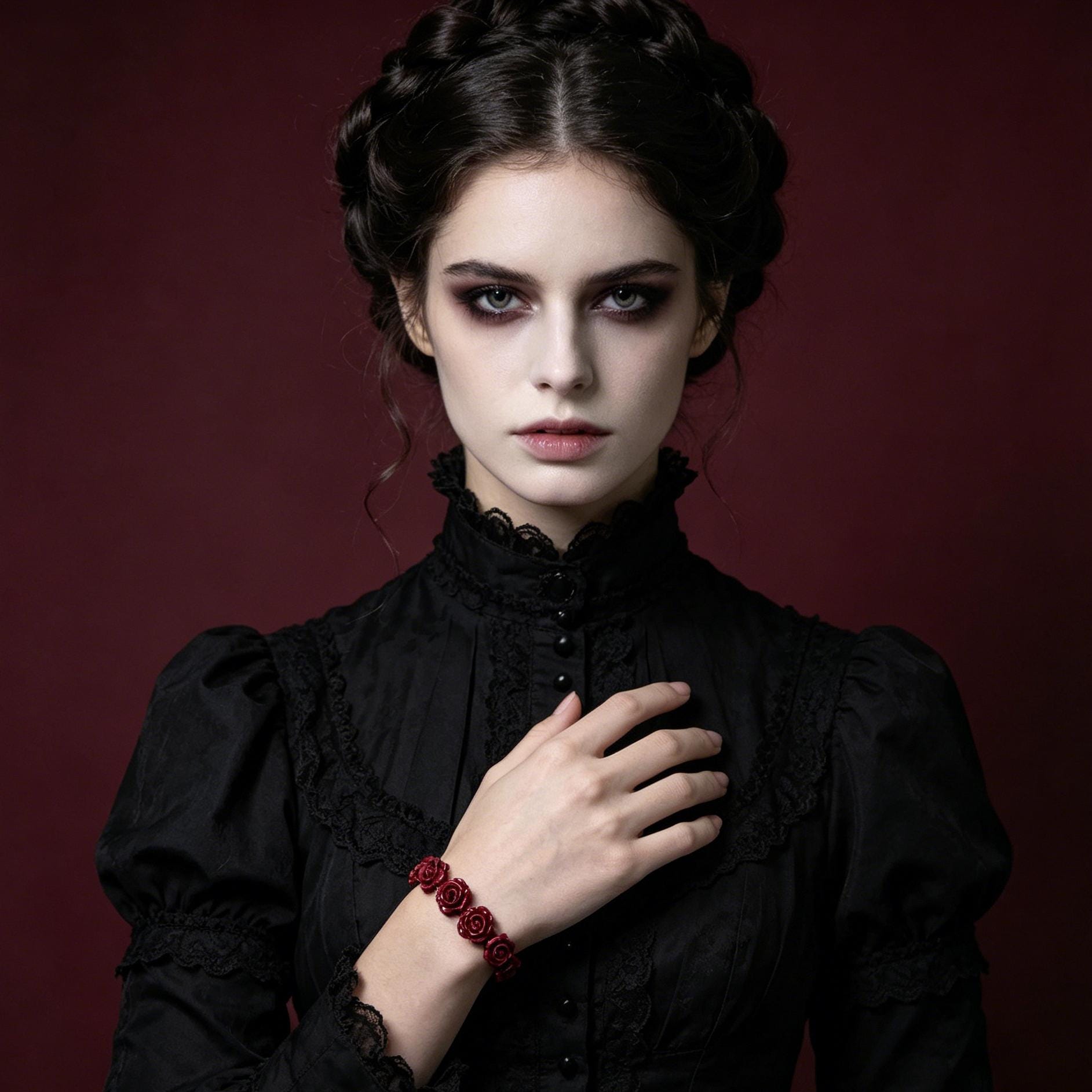 MourningGardenStudio Gothic Rose Carved Cinnabar Beaded Bracelet
