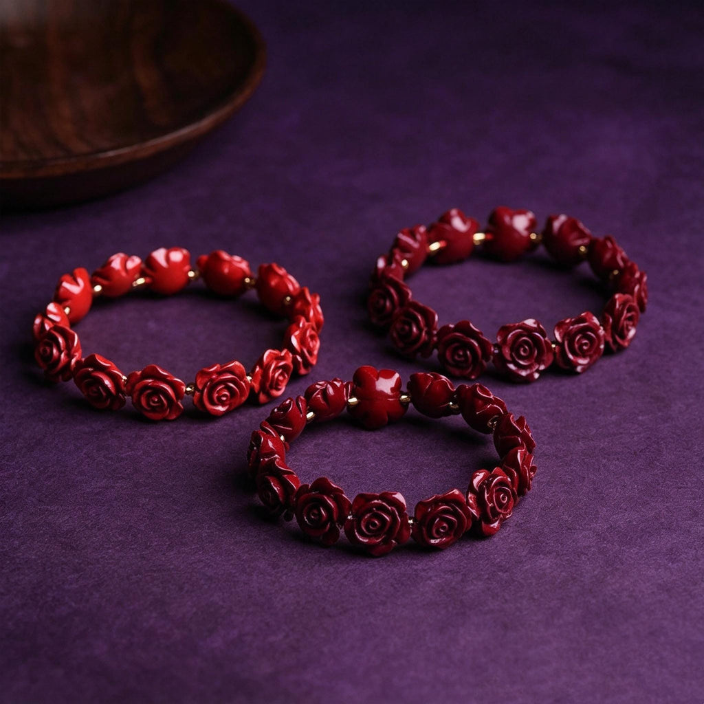 MourningGardenStudio Gothic Rose Carved Cinnabar Beaded Bracelet