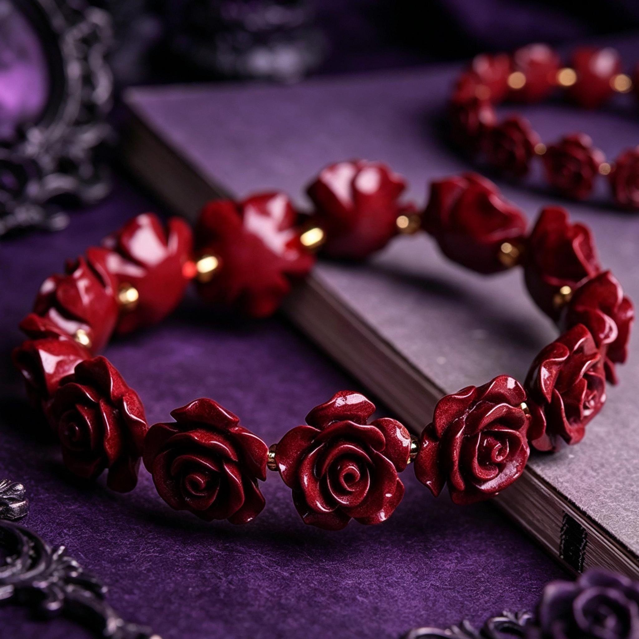 MourningGardenStudio Gothic Rose Carved Cinnabar Beaded Bracelet