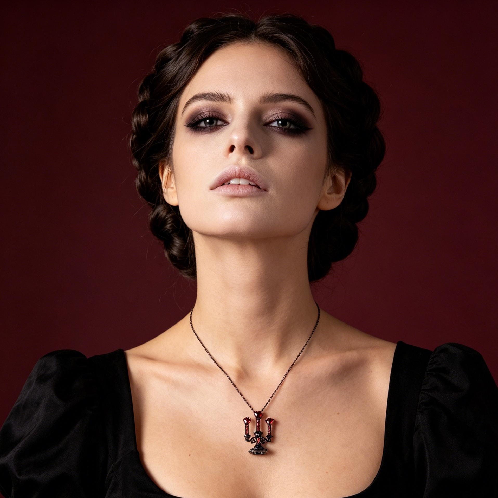 Victorian Gothic Candelabra Necklace Red Crystal Pendant for Vampire Ball Gift