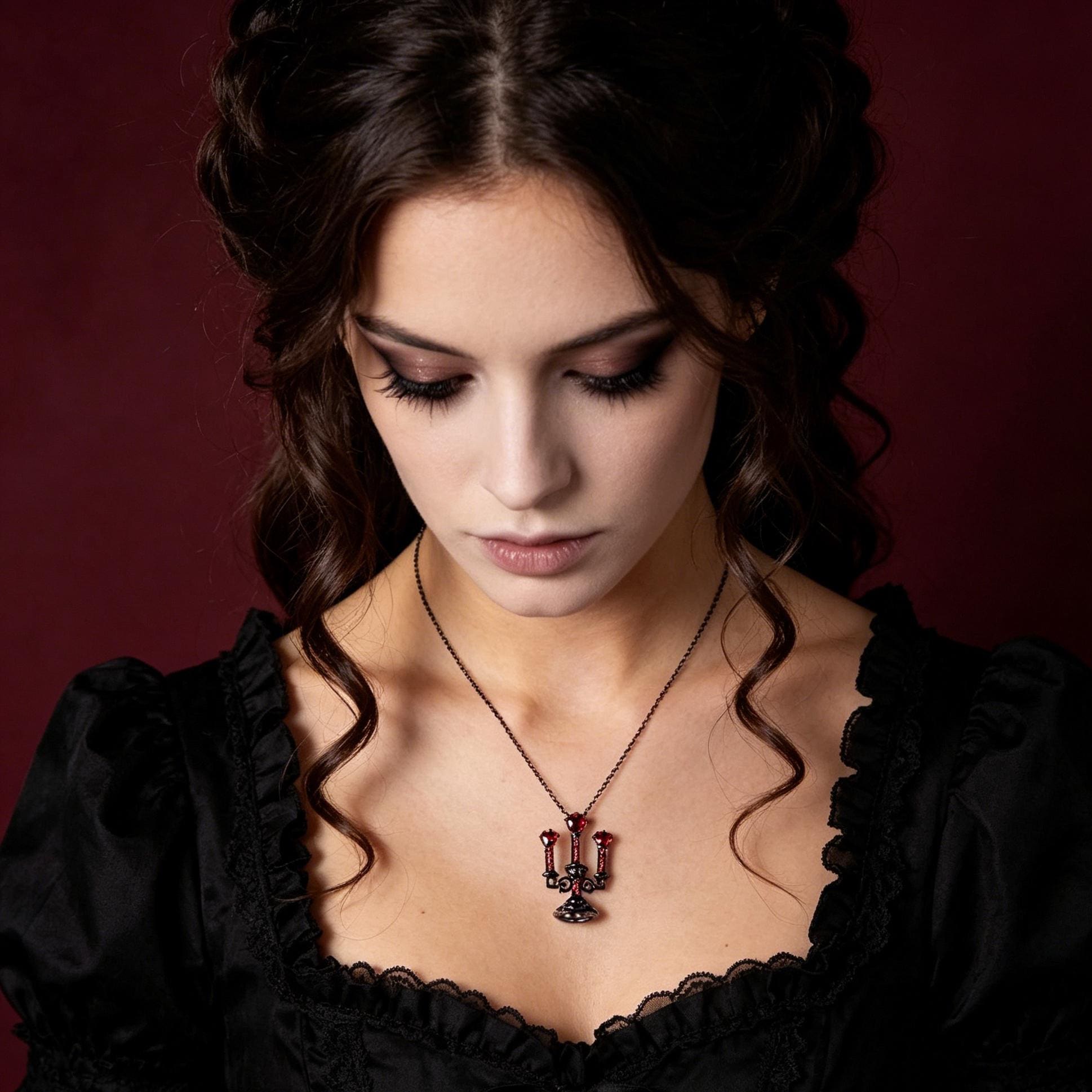 Victorian Gothic Candelabra Necklace Red Crystal Pendant for Vampire Ball Gift