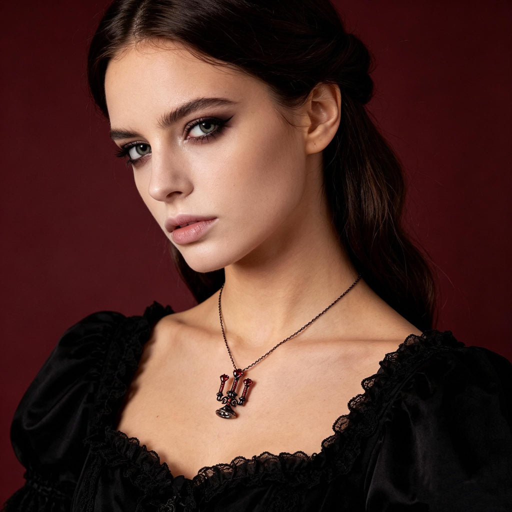Victorian Gothic Candelabra Necklace Red Crystal Pendant for Vampire Ball Gift