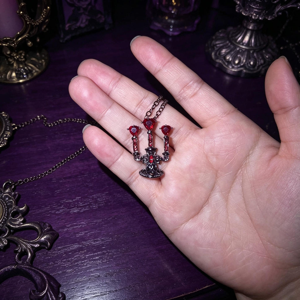 Victorian Gothic Candelabra Necklace Red Crystal Pendant for Vampire Ball Gift