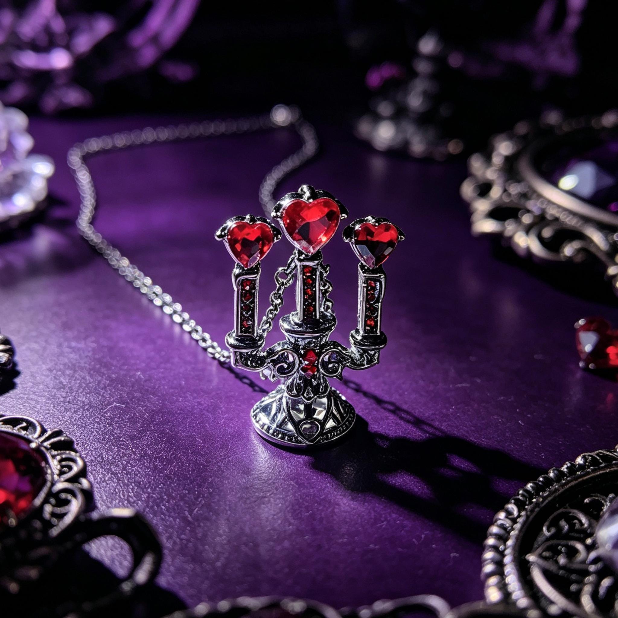 Victorian Gothic Candelabra Necklace Red Crystal Pendant for Vampire Ball Gift