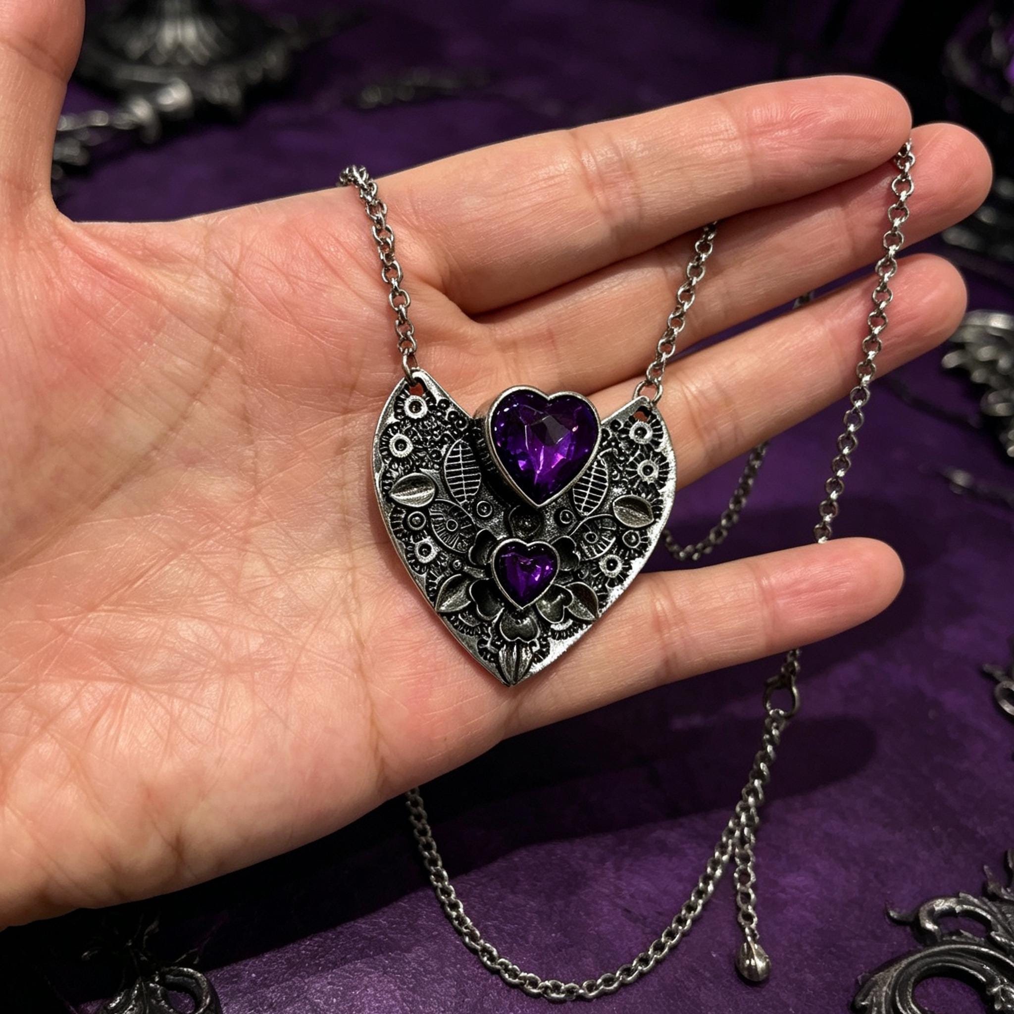 MourningGardenStudio Victorian Gothic Heart Necklace Purple Crystal Pendant