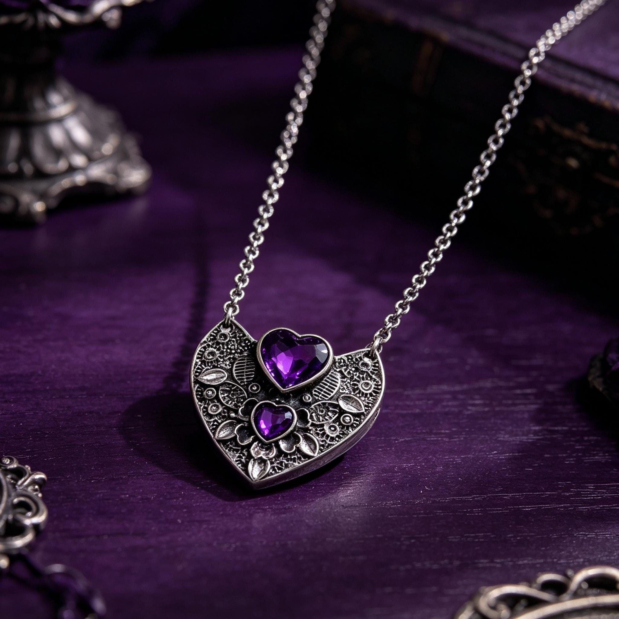 MourningGardenStudio Victorian Gothic Heart Necklace Purple Crystal Pendant