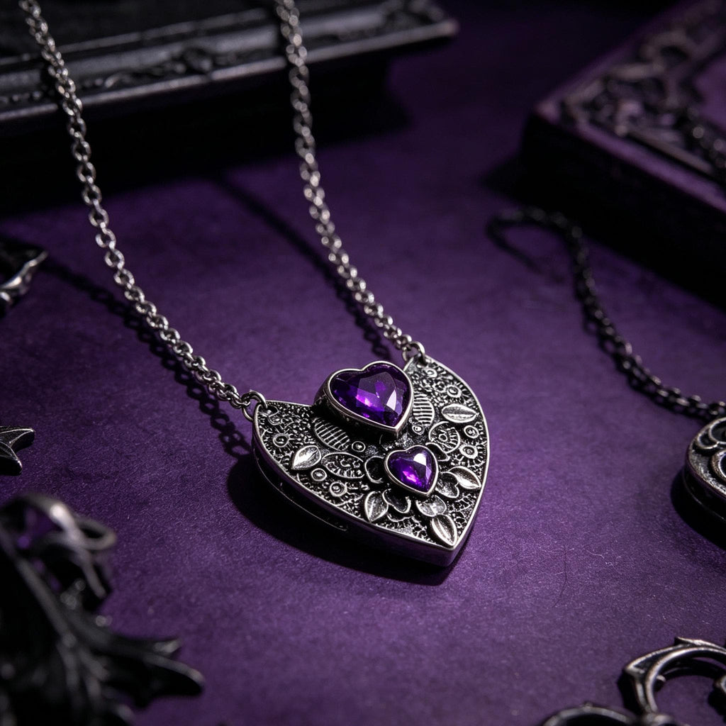 MourningGardenStudio Victorian Gothic Heart Necklace Purple Crystal Pendant