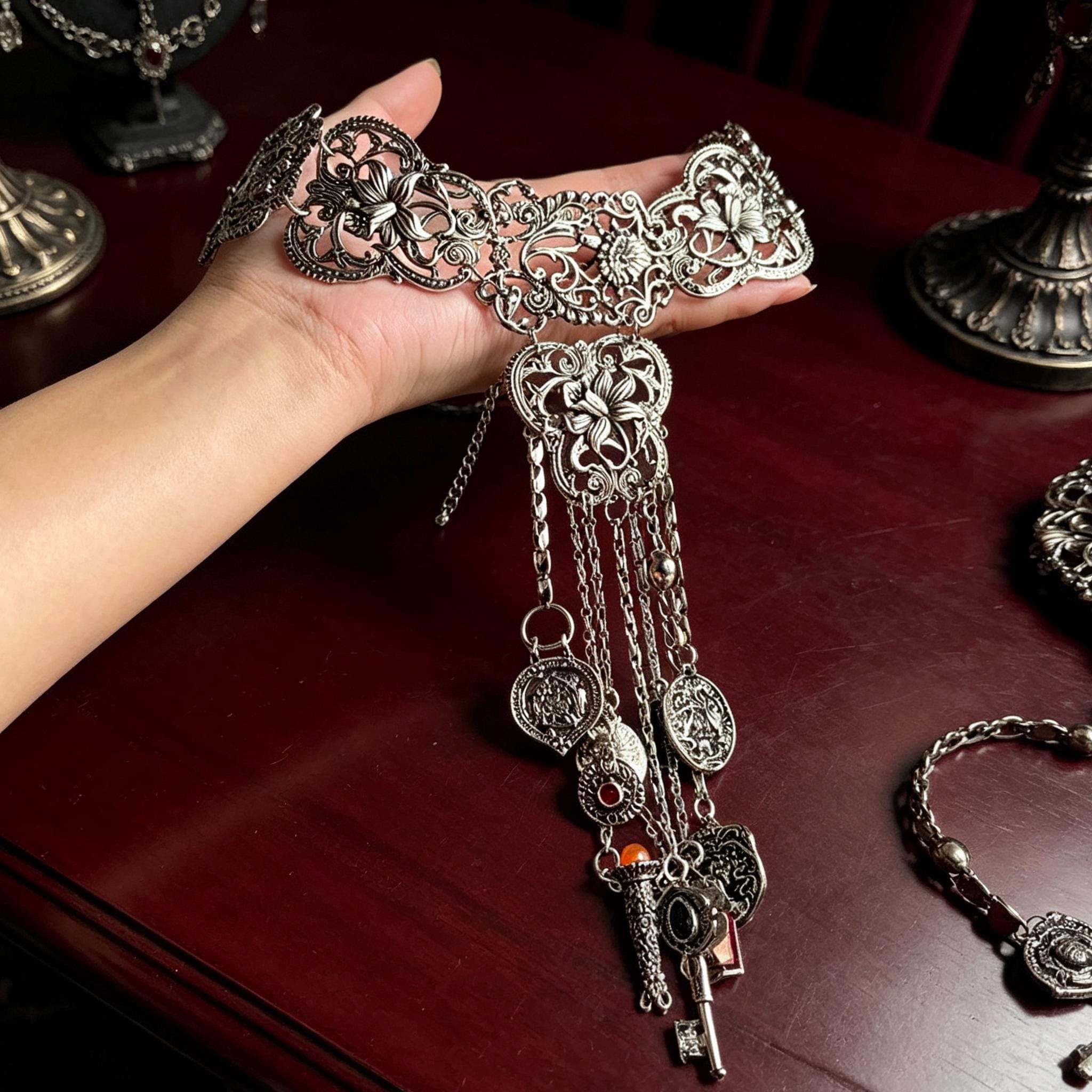 Victorian Gothic Choker Necklace Antique Key Tassels