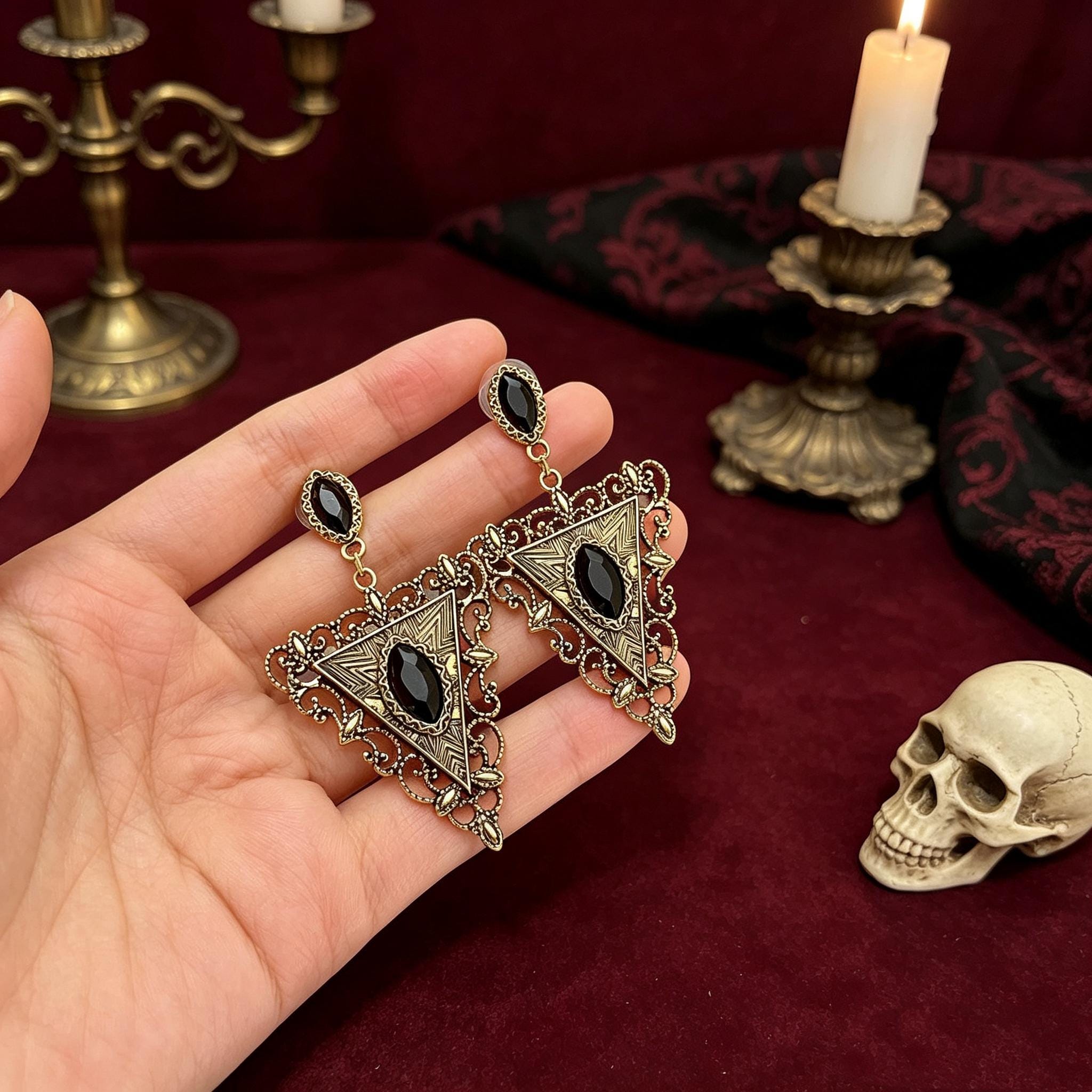 MourningGardenStudio Victorian Gothic Triangle Earrings Black Gem