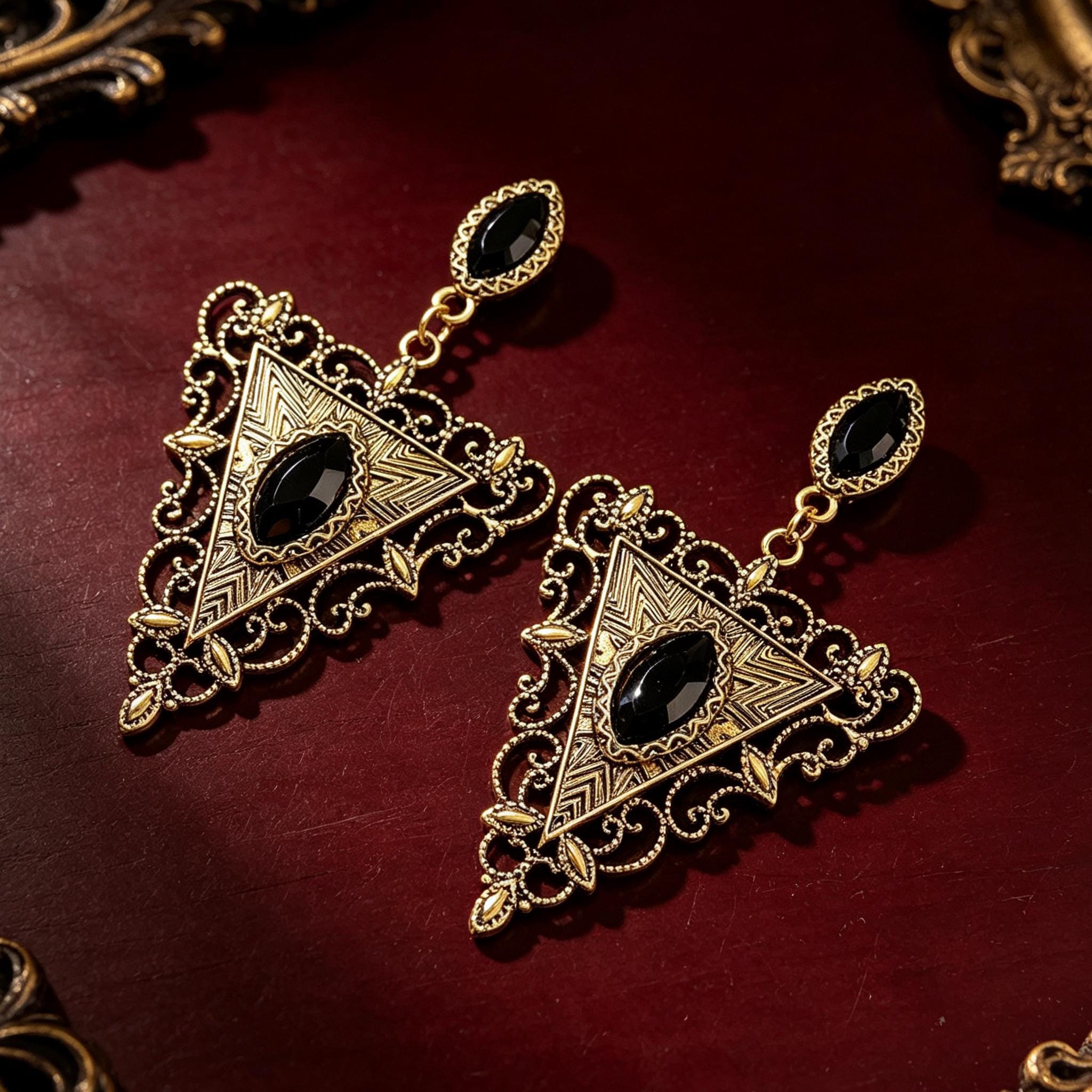 MourningGardenStudio Victorian Gothic Triangle Earrings Black Gem