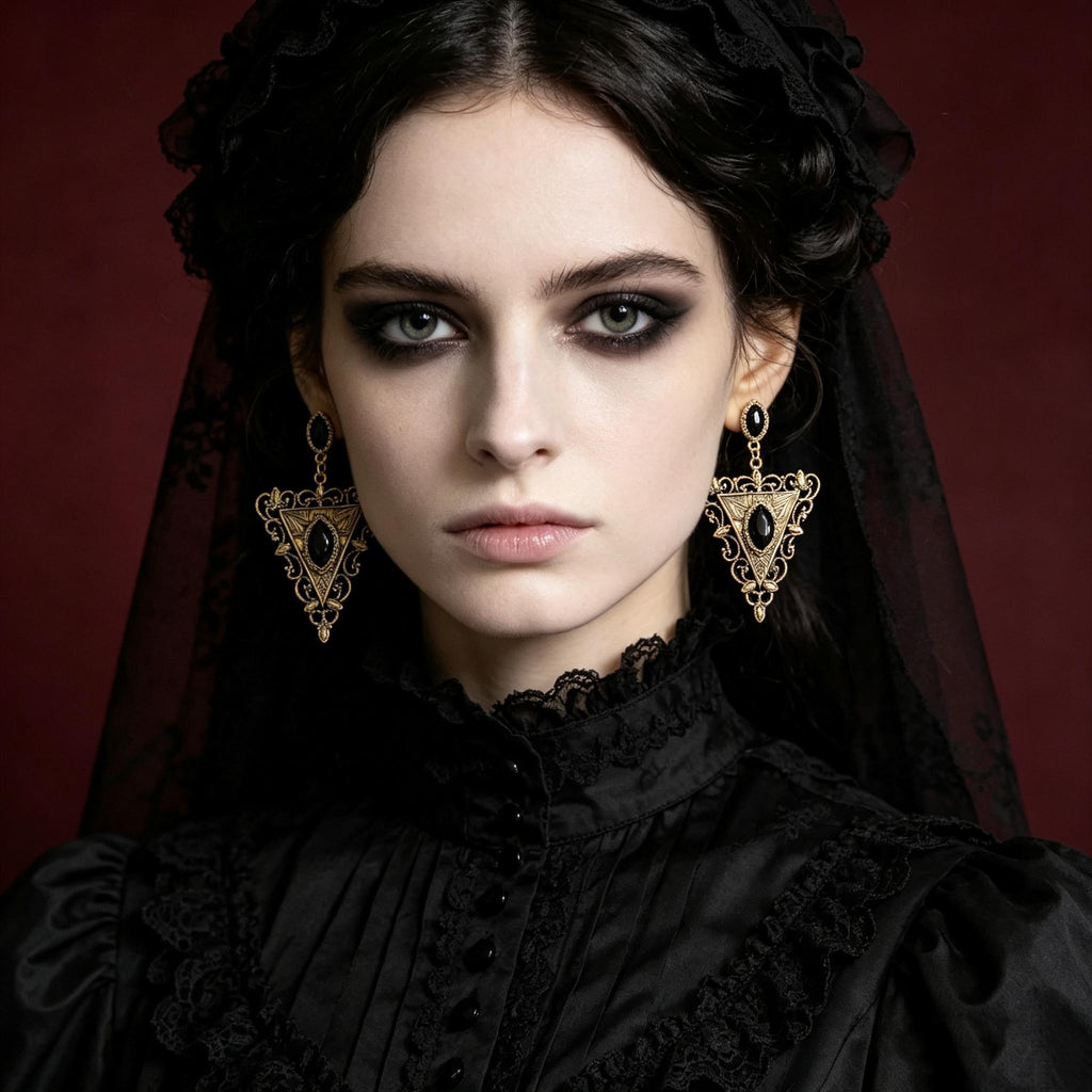 MourningGardenStudio Victorian Gothic Triangle Earrings Black Gem