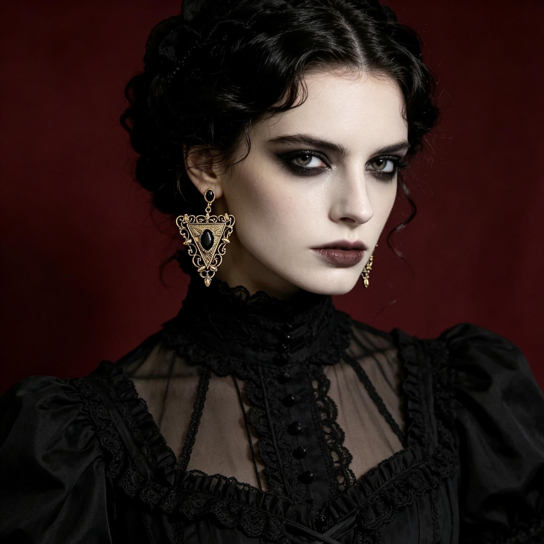 MourningGardenStudio Victorian Gothic Triangle Earrings Black Gem