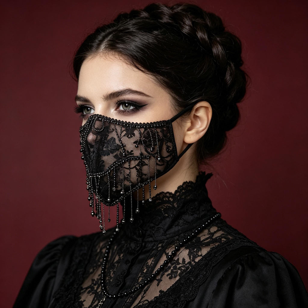 Gothic Lace Tassel Face Mask Handmade Beaded For Vampire Bride Ball