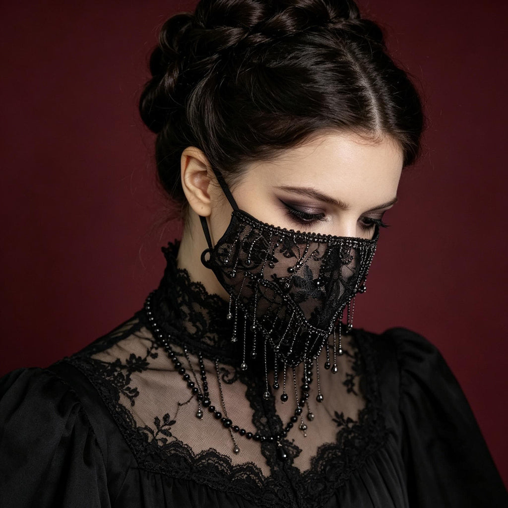 Gothic Lace Tassel Face Mask Handmade Beaded For Vampire Bride Ball
