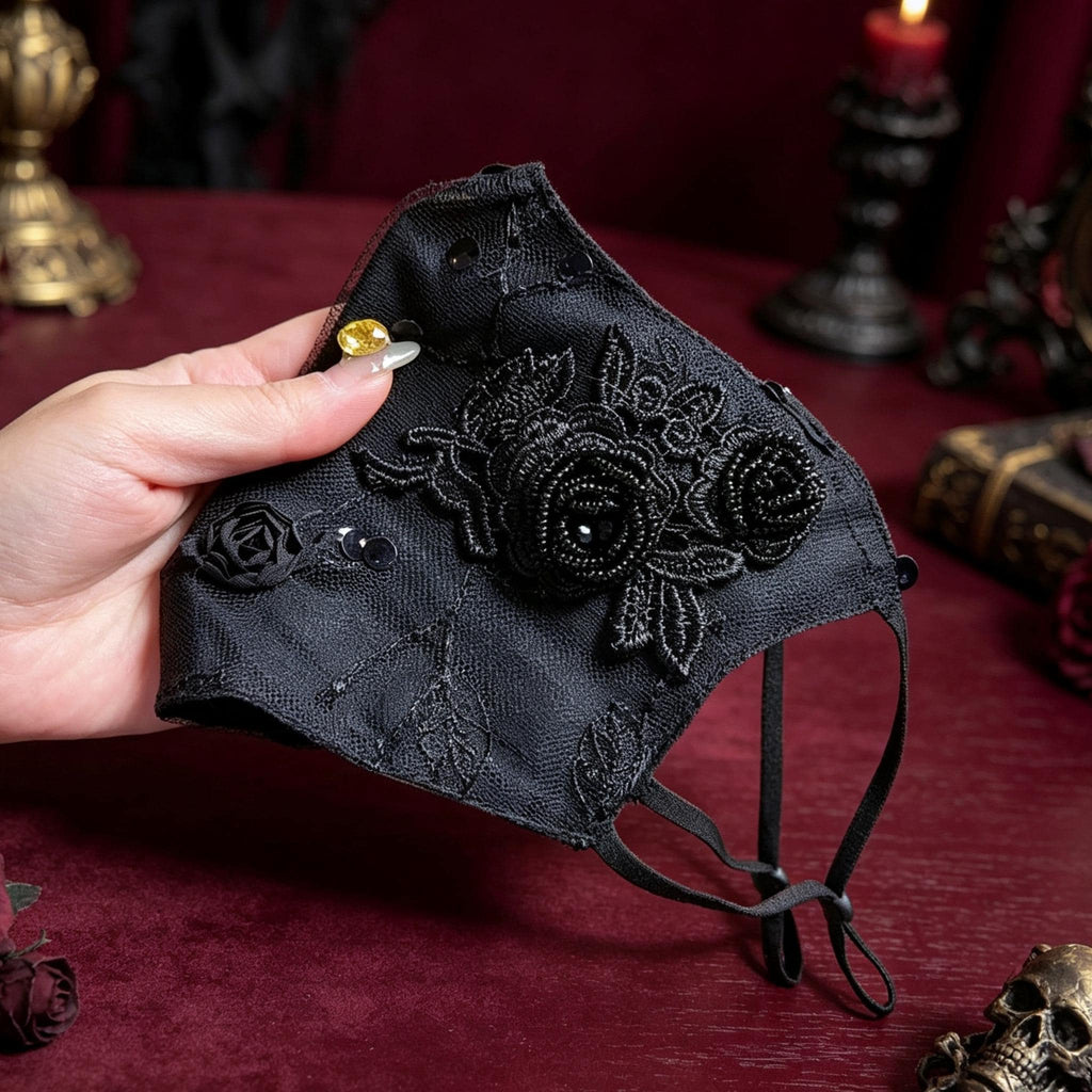 MourningGardenStudio Black Rose Gothic Face Mask Hand Embroidered Victorian Accessory