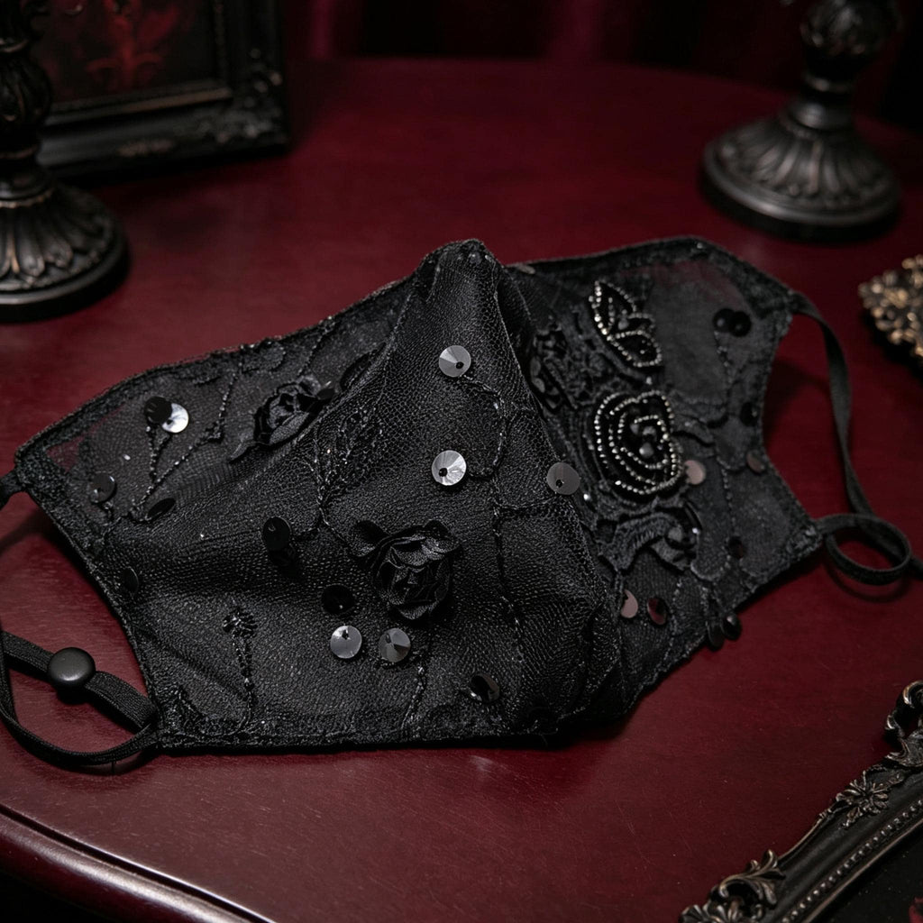 MourningGardenStudio Black Rose Gothic Face Mask Hand Embroidered Victorian Accessory