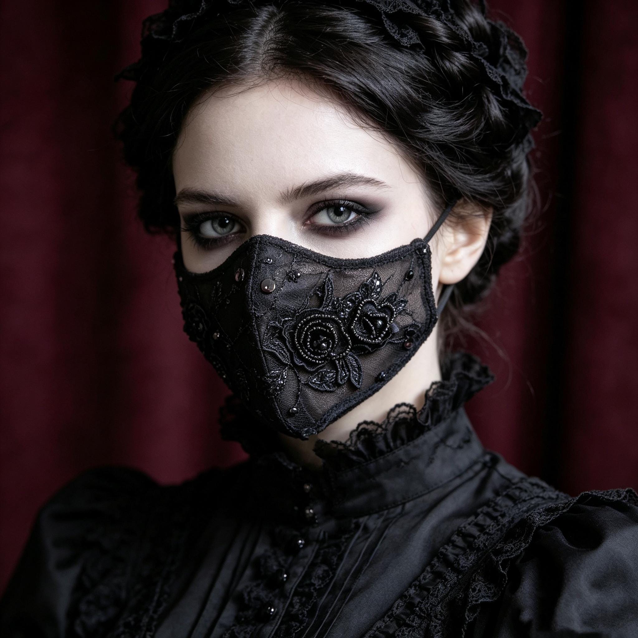 MourningGardenStudio Black Rose Gothic Face Mask Hand Embroidered Victorian Accessory