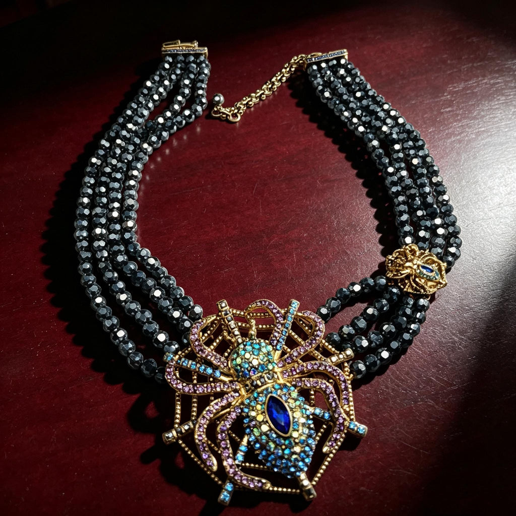 MourningGardenStudio Black Spinel Spider Choker Hand Beaded Gothic Necklace