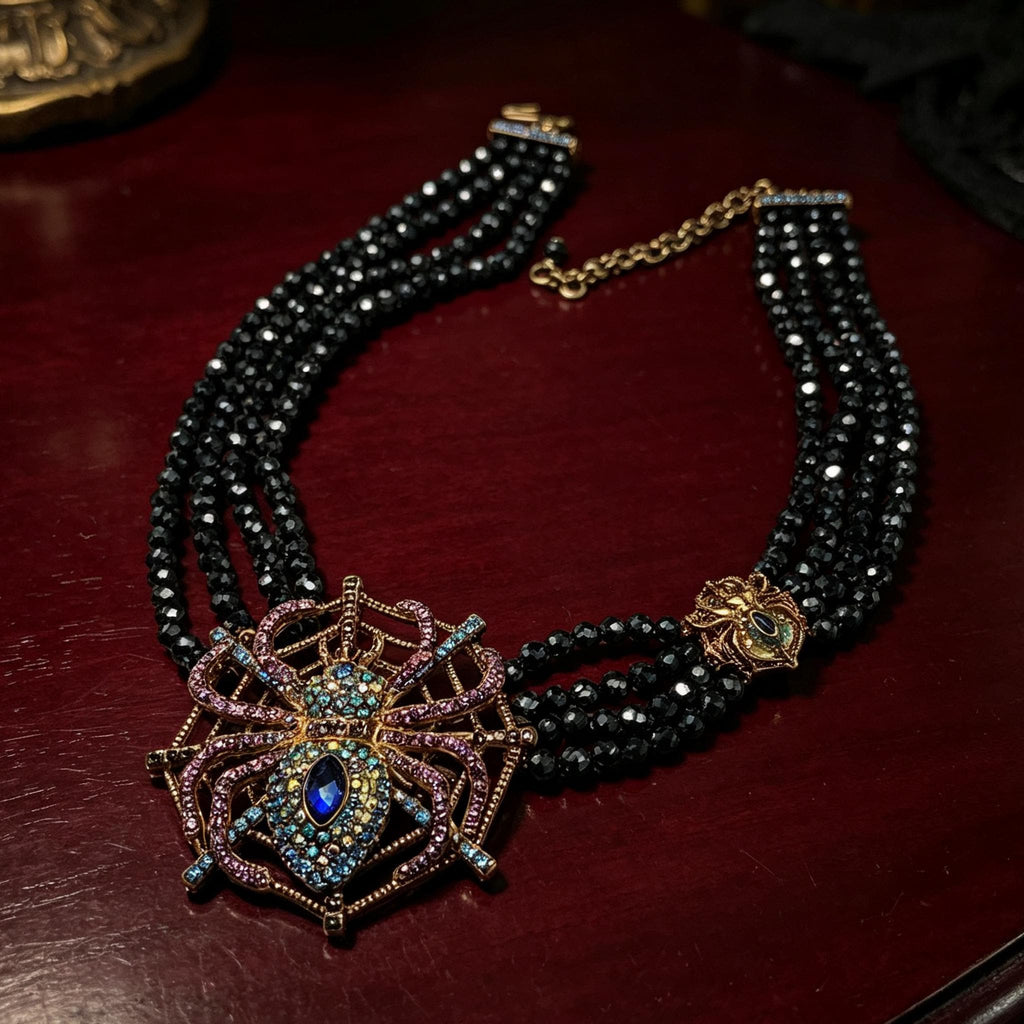 MourningGardenStudio Black Spinel Spider Choker Hand Beaded Gothic Necklace