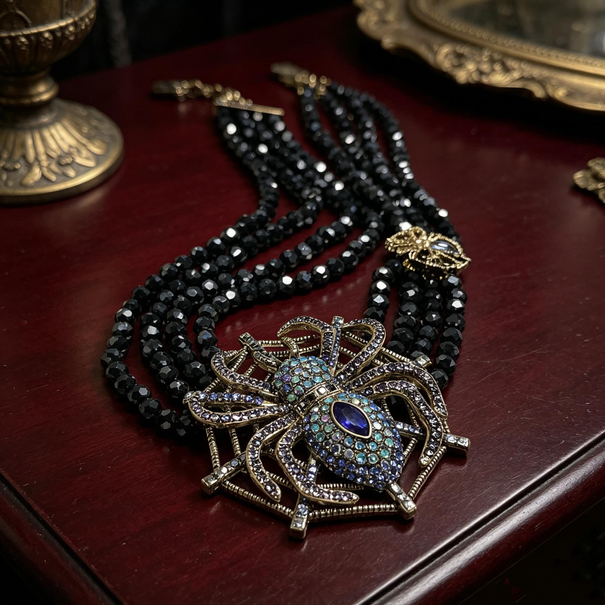 MourningGardenStudio Black Spinel Spider Choker Hand Beaded Gothic Necklace