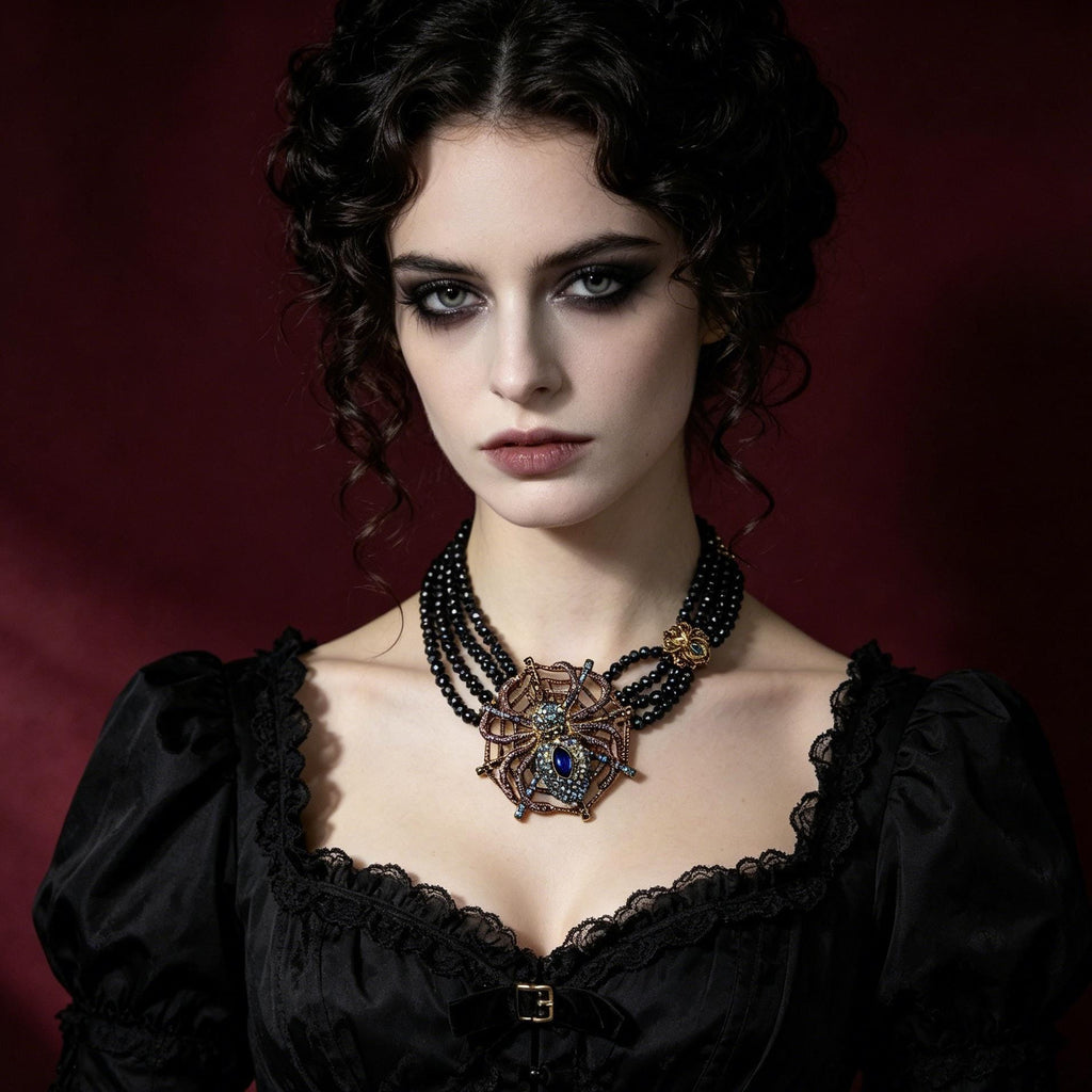 MourningGardenStudio Black Spinel Spider Choker Hand Beaded Gothic Necklace